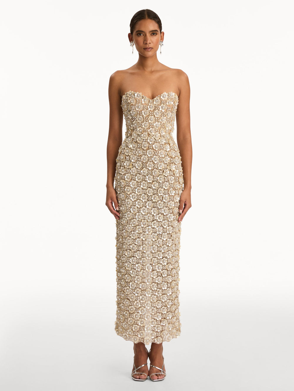 Oscar de la Renta Mother of Pearl Embroidered Column Gown
