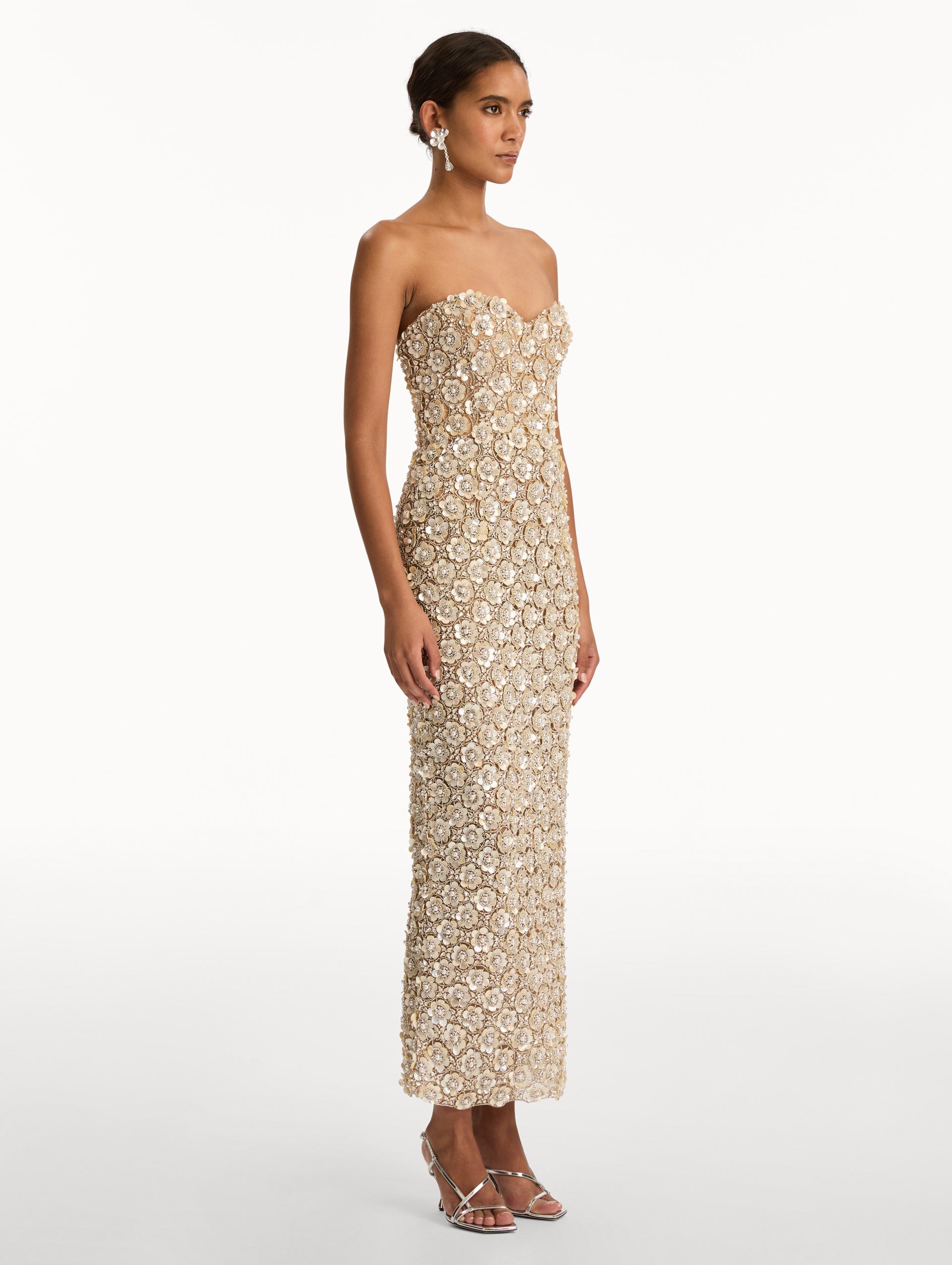 Oscar de la Renta Mother of Pearl Embroidered Column Gown