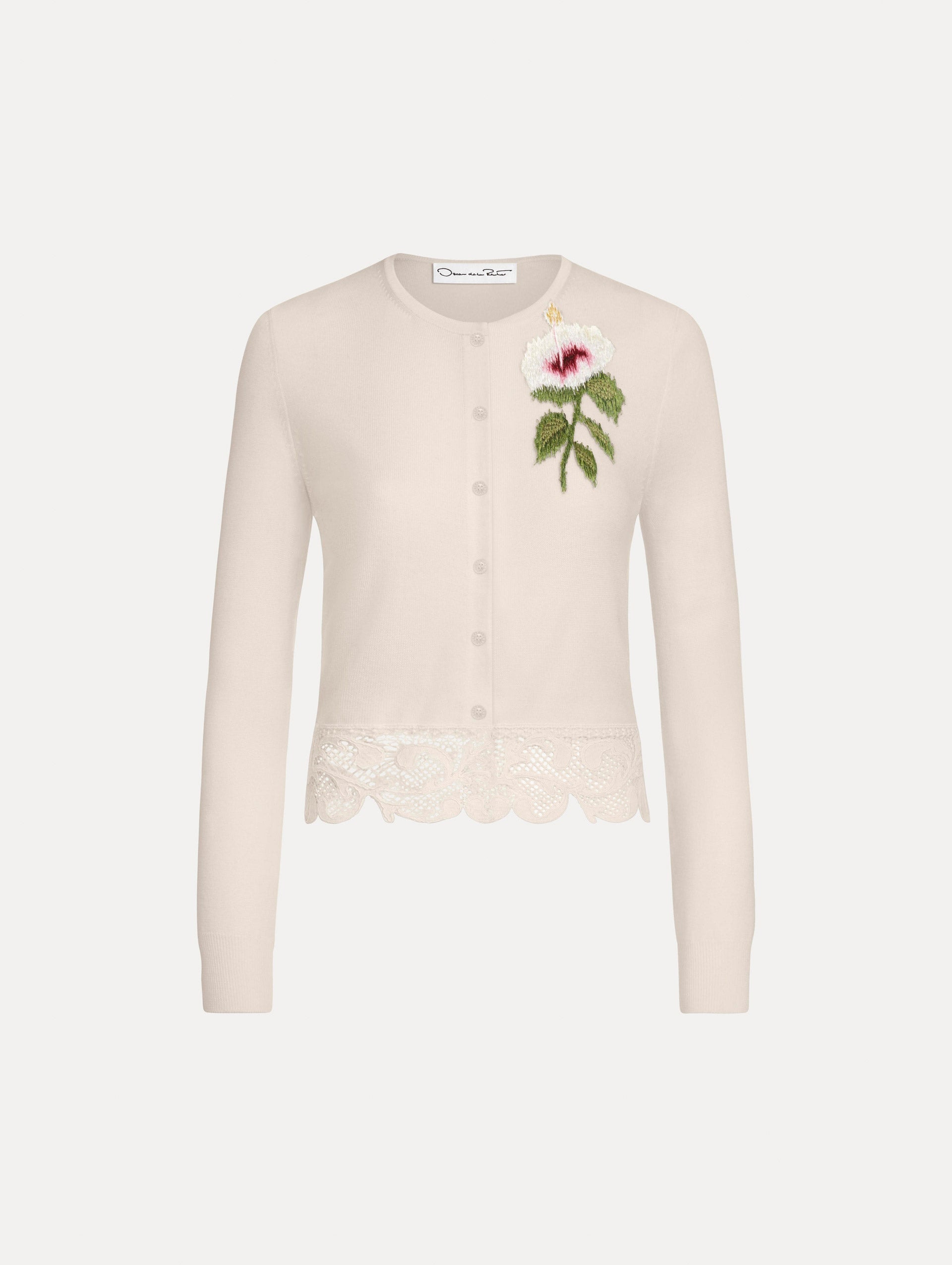 Oscar de la Renta Chiné Hibiscus Threadwork Cropped Cardigan