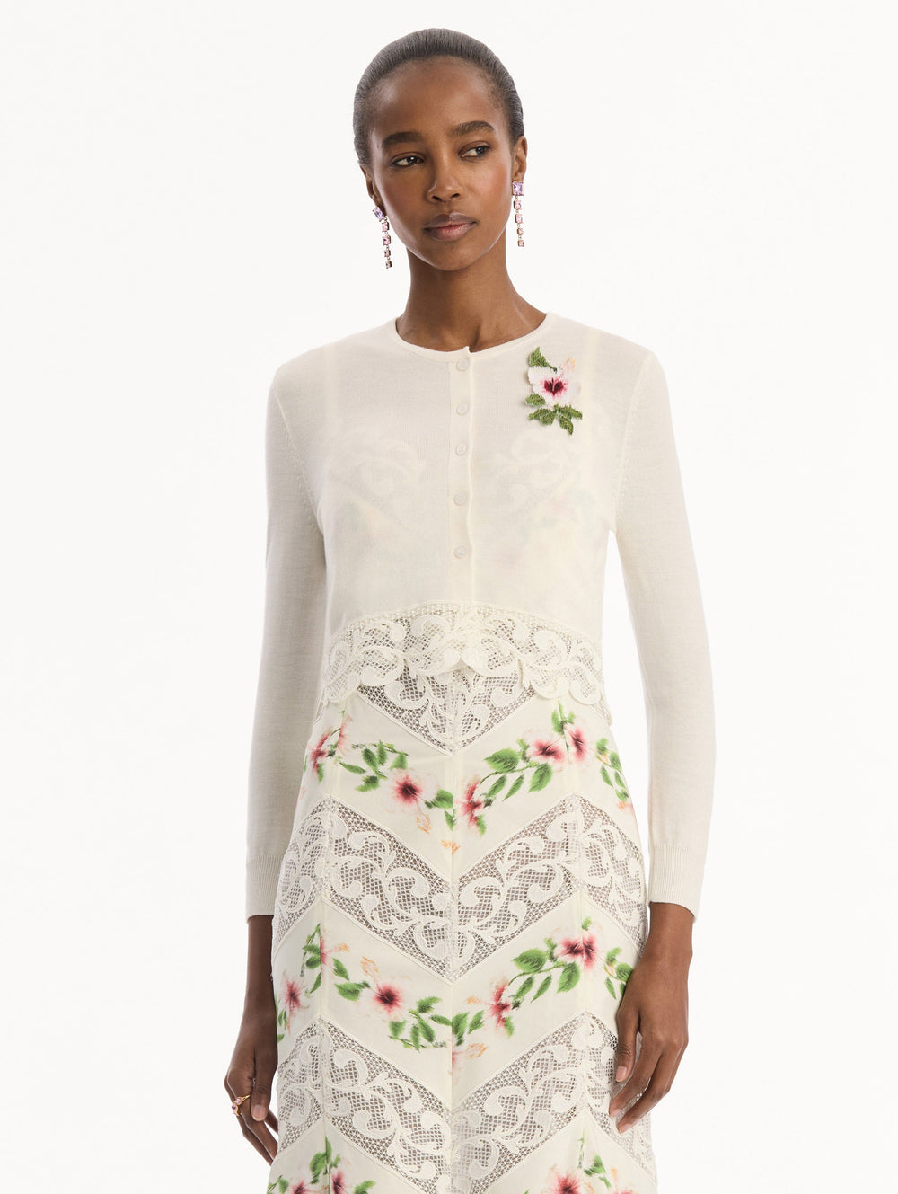 Oscar de la Renta Chiné Hibiscus Threadwork Cropped Cardigan