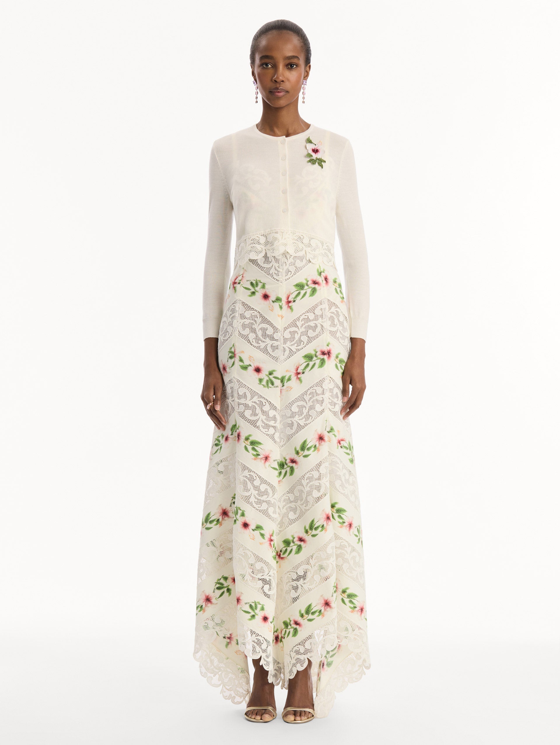 Oscar de la Renta Chiné Hibiscus Threadwork Cropped Cardigan