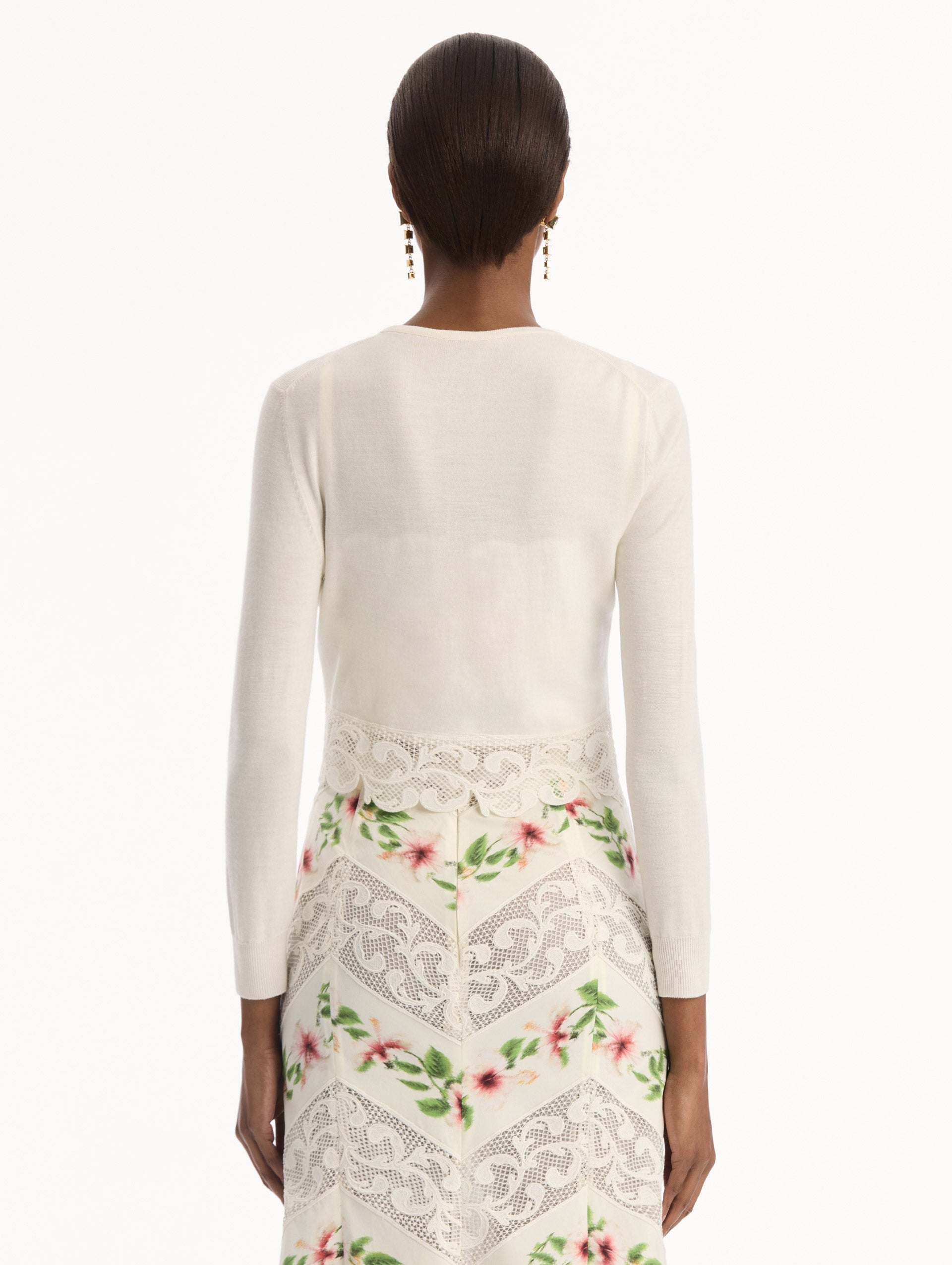 Oscar de la Renta Chiné Hibiscus Threadwork Cropped Cardigan