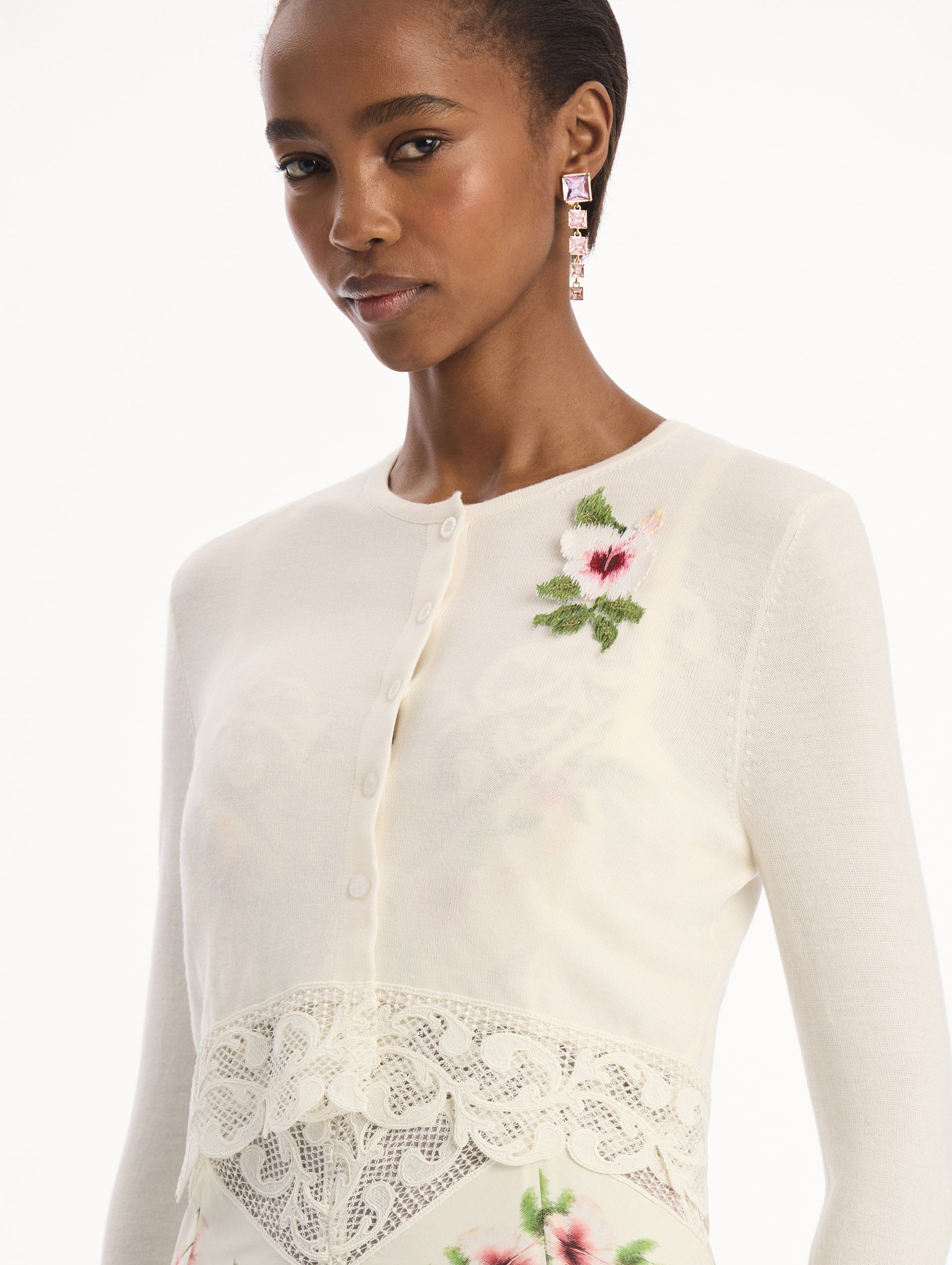 Oscar de la Renta Chiné Hibiscus Threadwork Cropped Cardigan