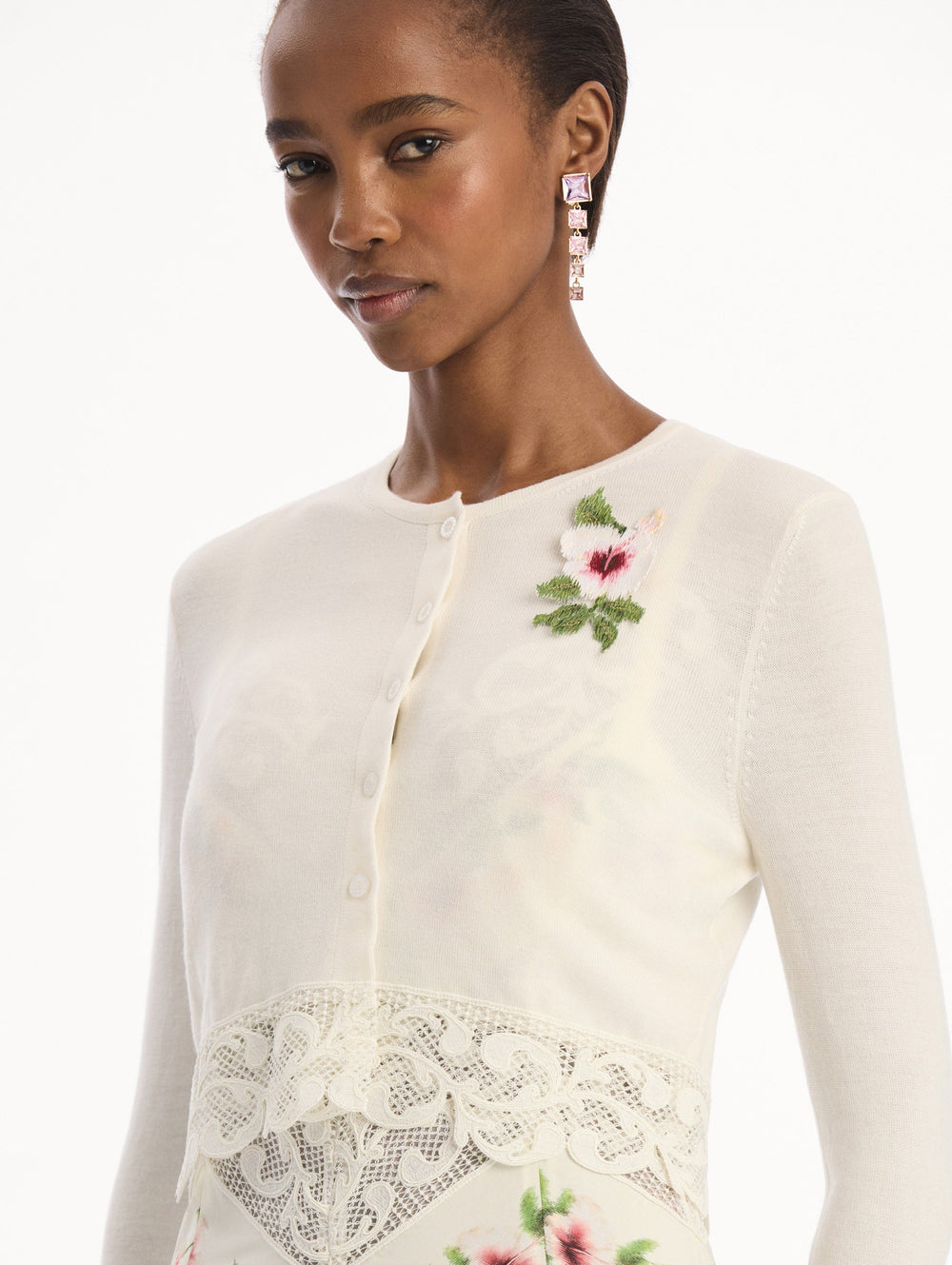 Oscar de la Renta Chiné Hibiscus Threadwork Cropped Cardigan