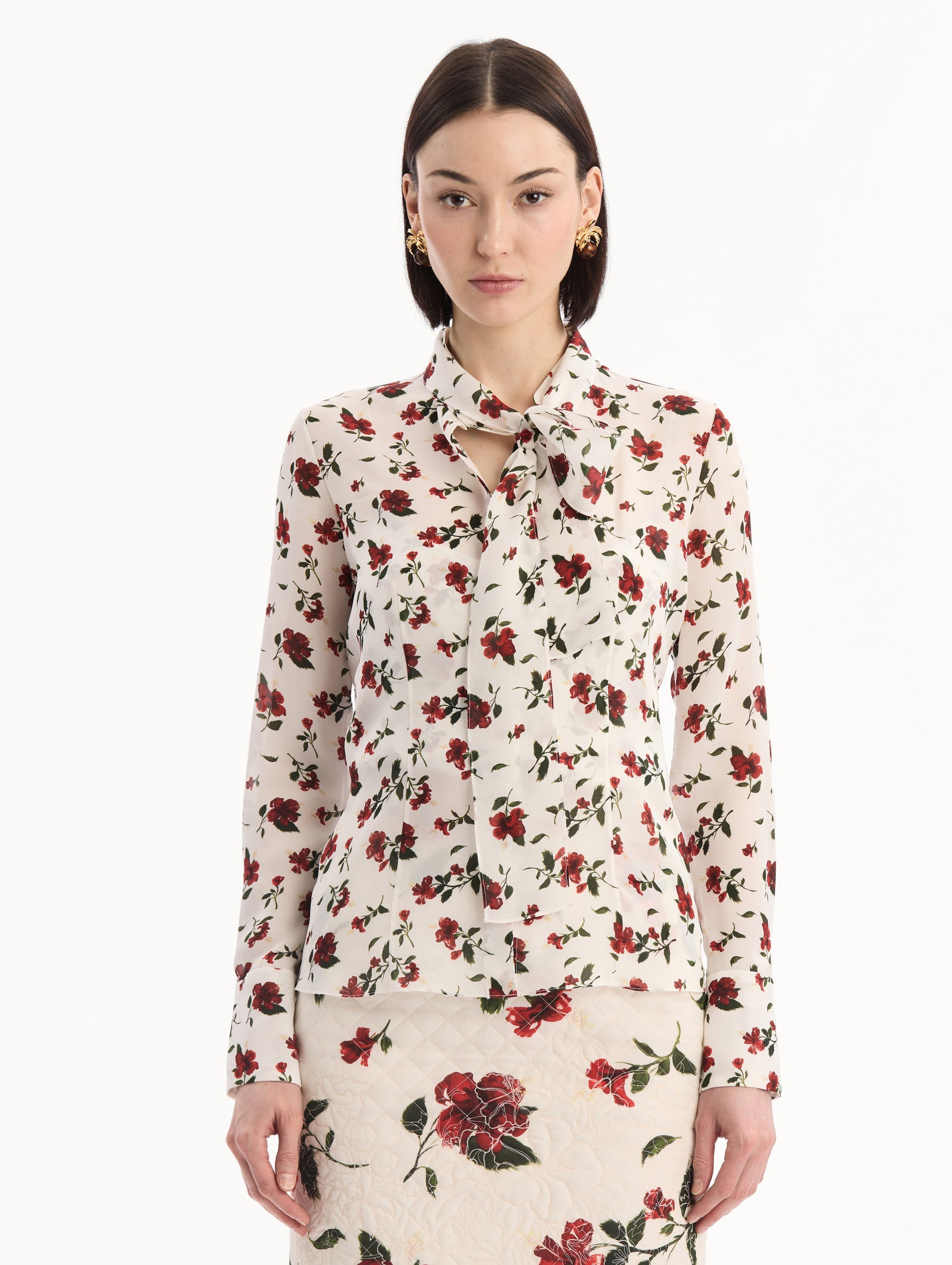 Oscar de la Renta Hibiscus Silk Chiffon Blouse