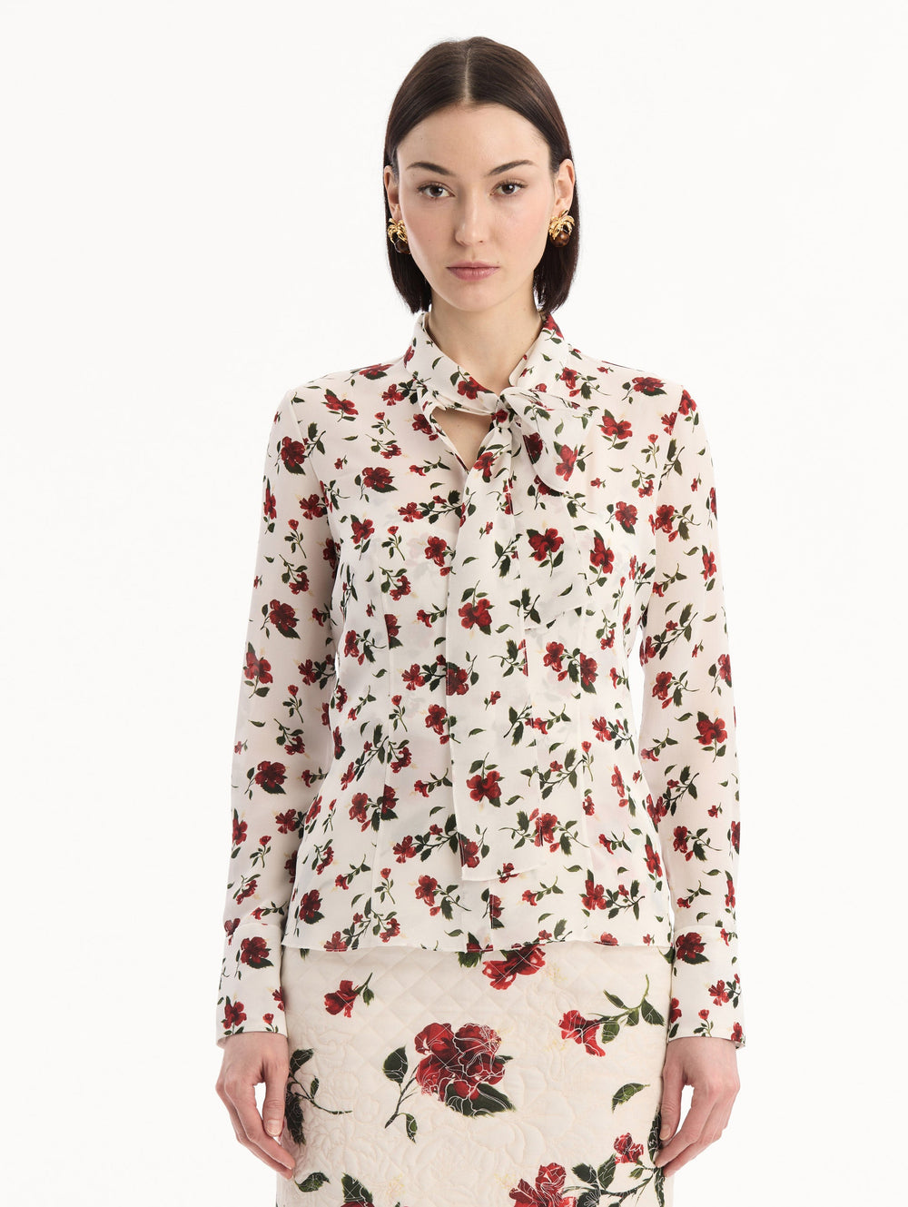 Oscar de la Renta Hibiscus Silk Chiffon Blouse