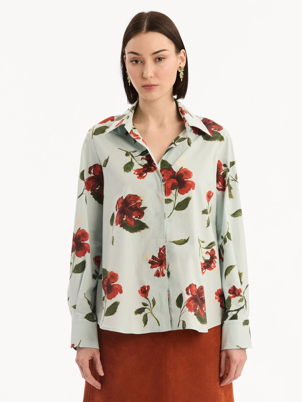 Oscar de la Renta Hibiscus Cotton Poplin Blouse