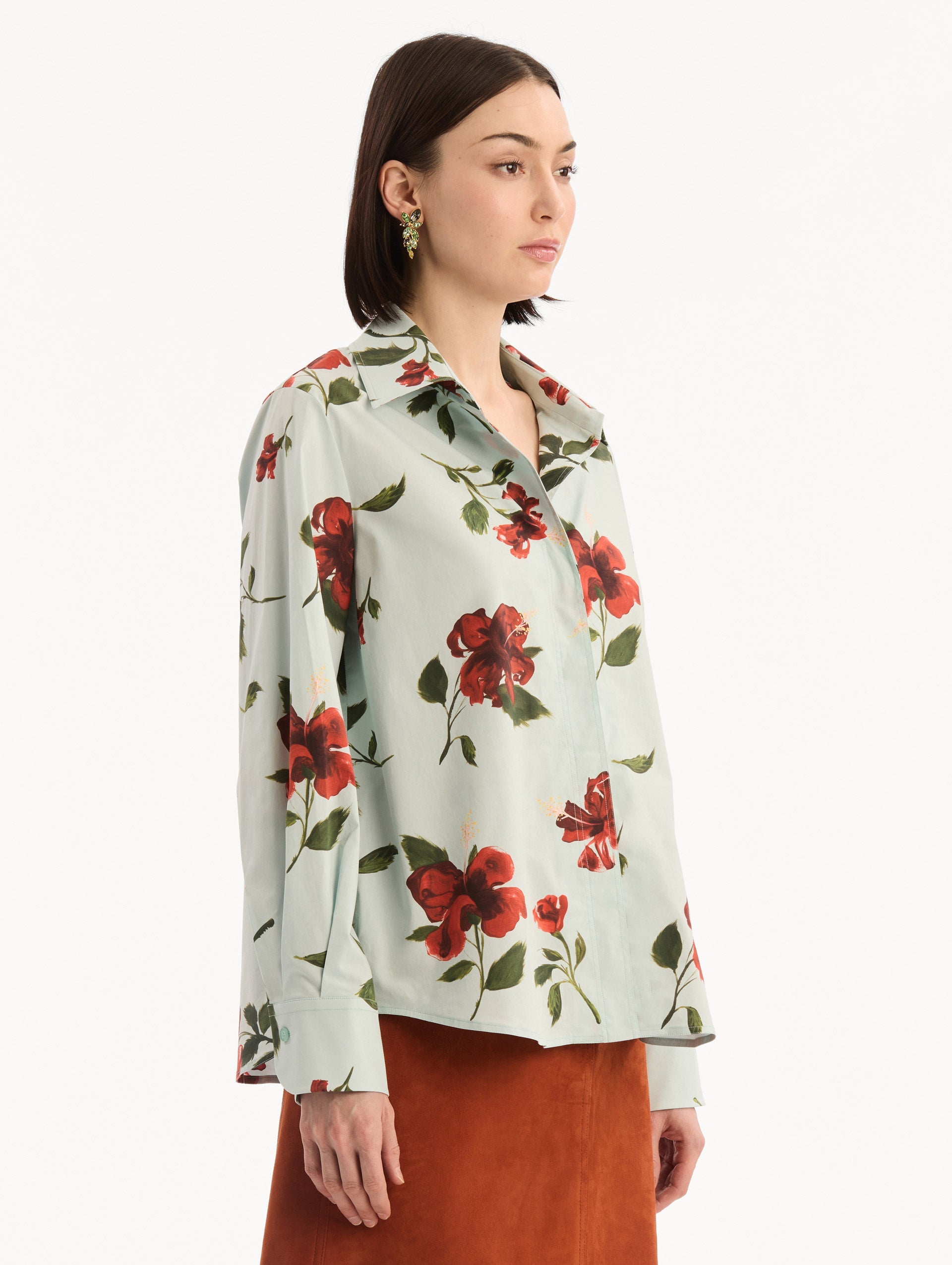 Oscar de la Renta Hibiscus Cotton Poplin Blouse