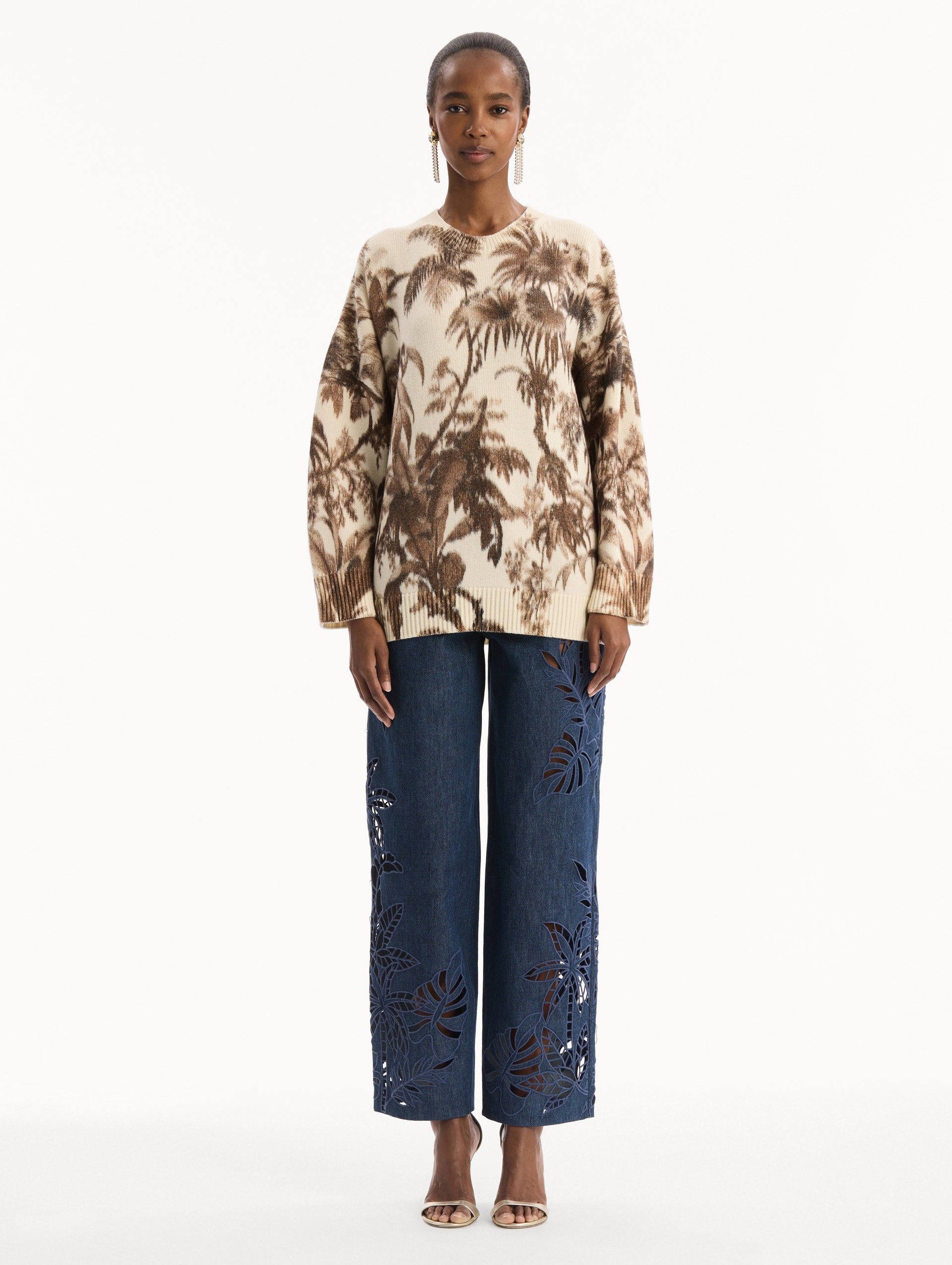Oscar de la Renta Chiné Palm Leaves Oversized Pullover