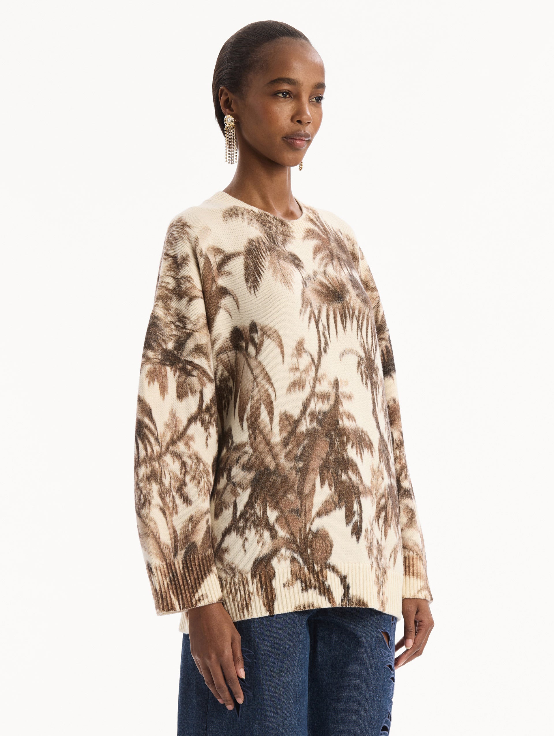 Oscar de la Renta Chiné Palm Leaves Oversized Pullover