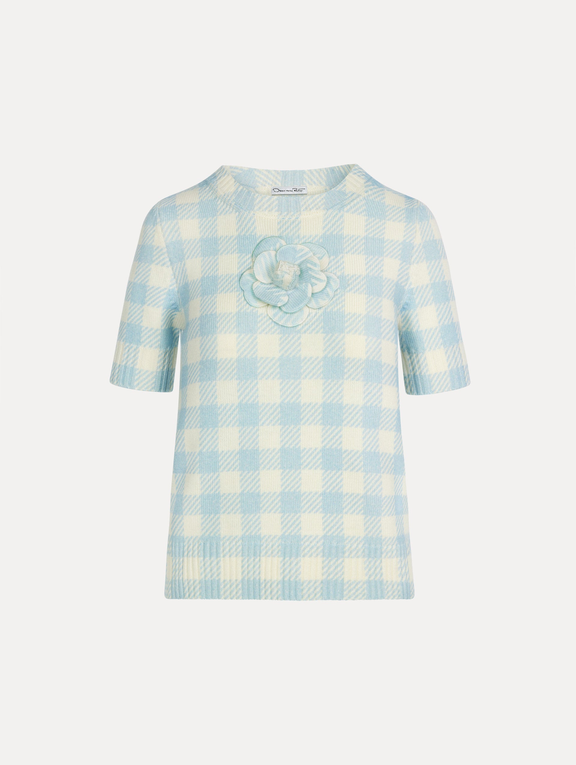 Oscar de la Renta Gingham Pullover with Floral Appliqué
