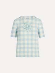 Oscar de la Renta Gingham Pullover with Floral Appliqué
