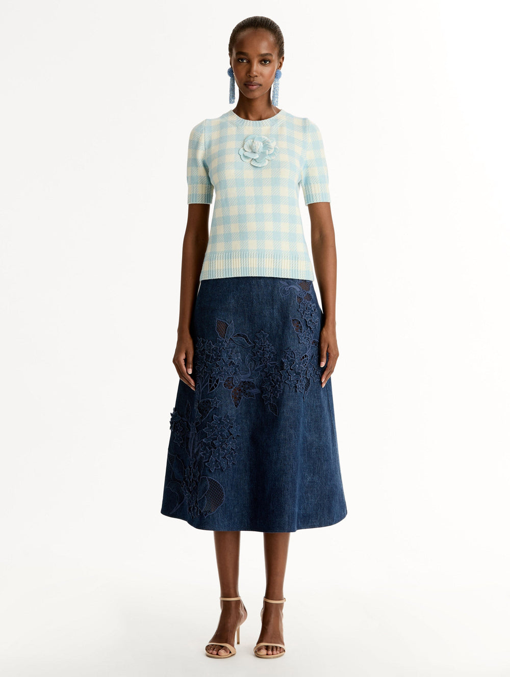 Oscar de la Renta Gingham Pullover with Floral Appliqué