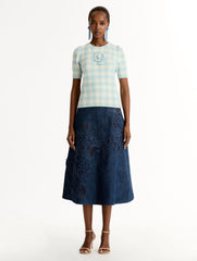 Oscar de la Renta Gingham Pullover with Floral Appliqué