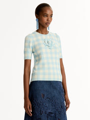 Oscar de la Renta Gingham Pullover with Floral Appliqué