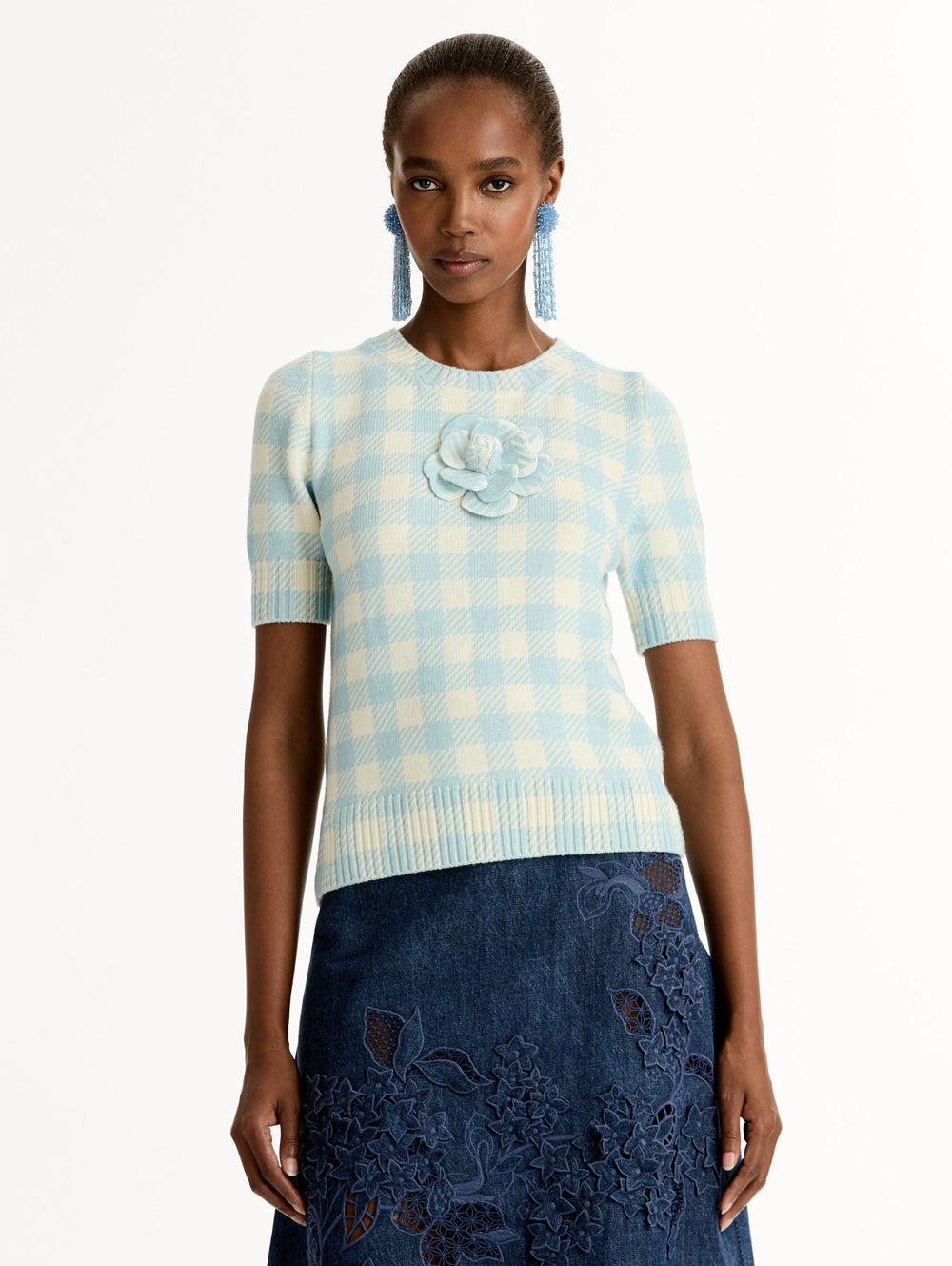Oscar de la Renta Gingham Pullover with Floral Appliqué