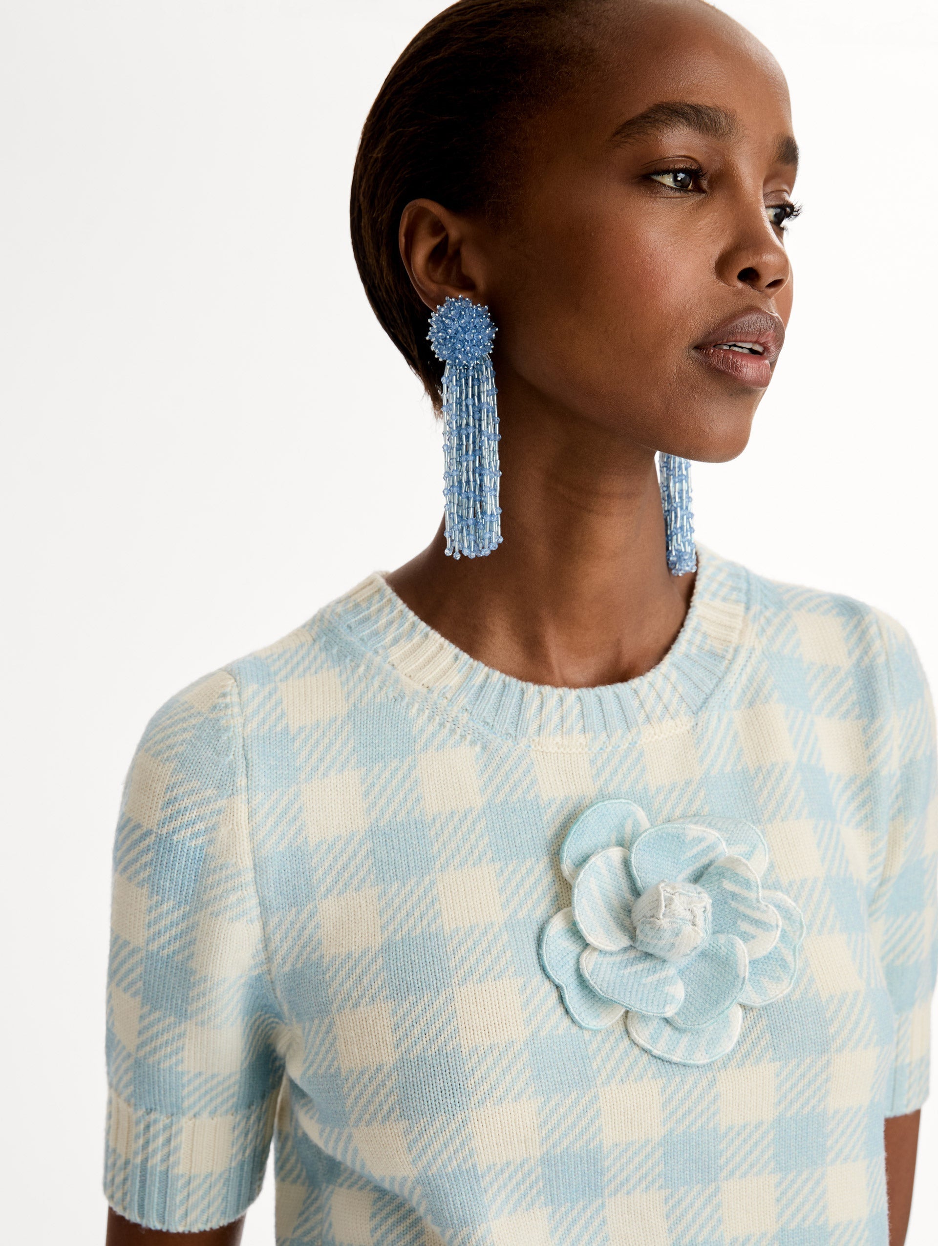 Oscar de la Renta Gingham Pullover with Floral Appliqué