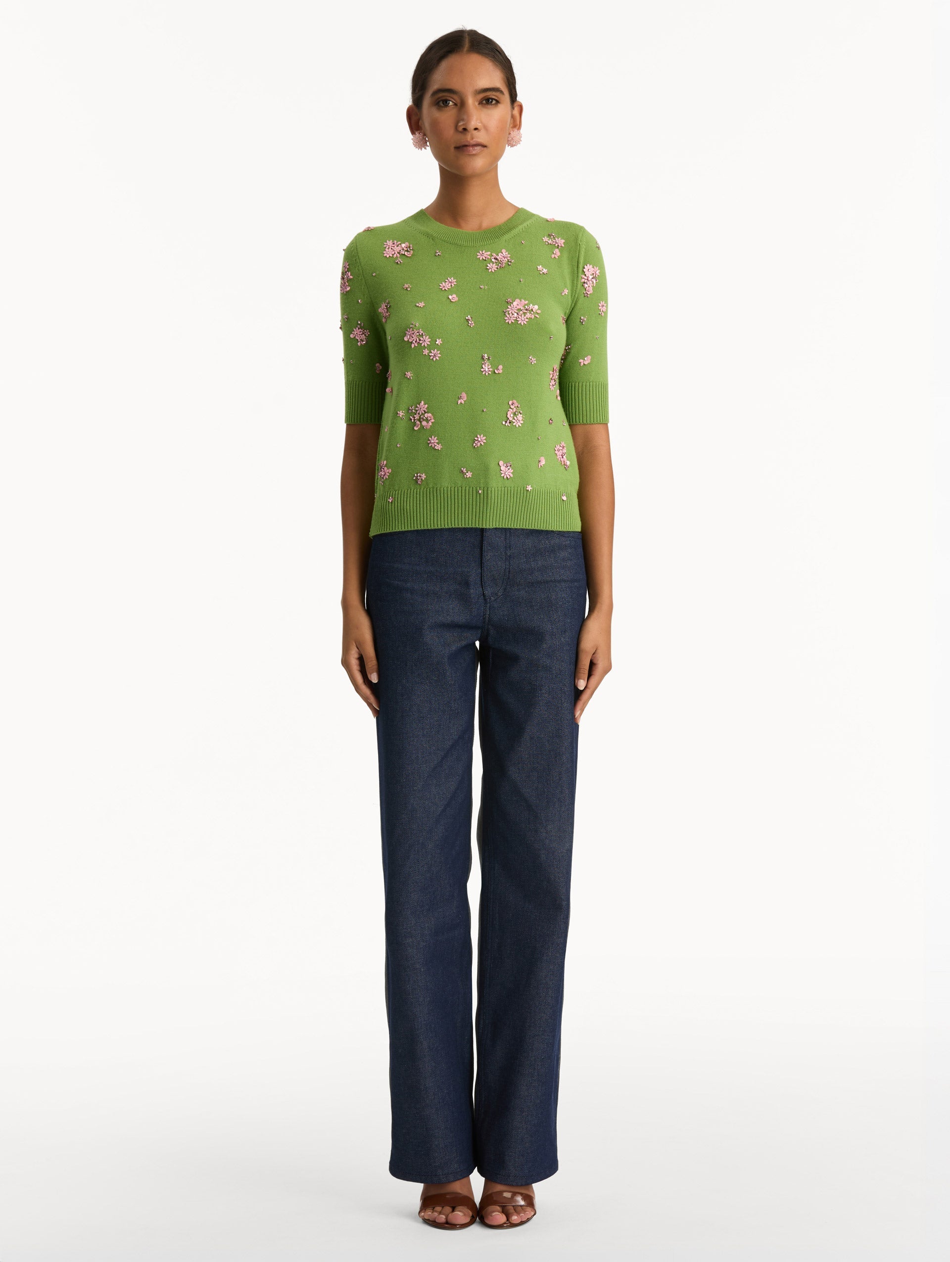 Oscar de la Renta Crystal Cluster Embroidered Pullover