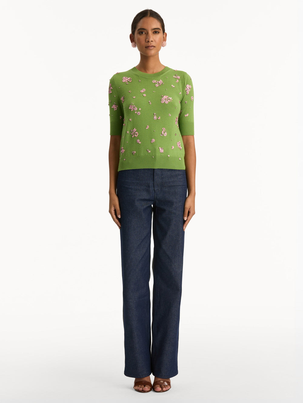 Oscar de la Renta Crystal Cluster Embroidered Pullover
