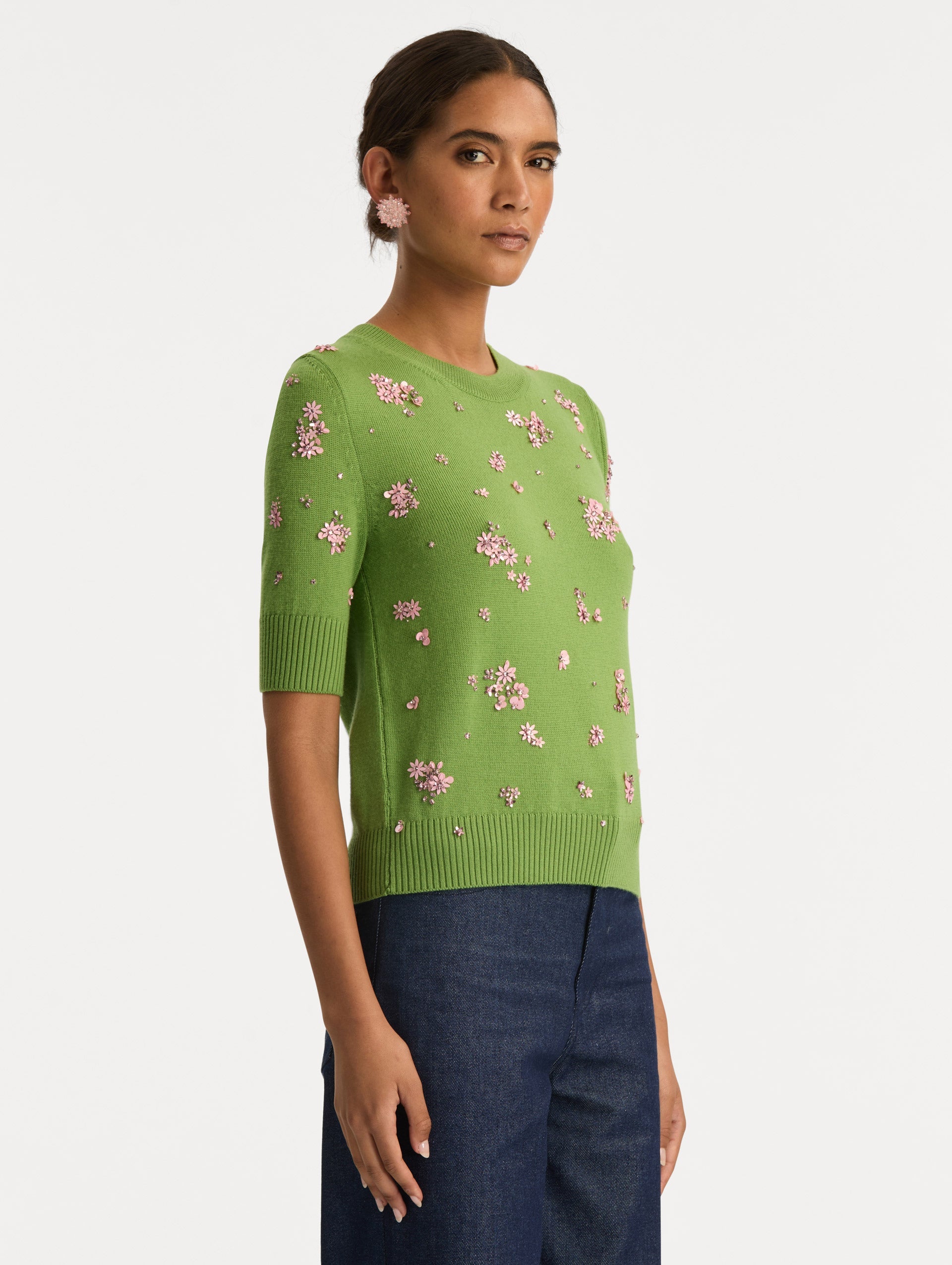 Oscar de la Renta Crystal Cluster Embroidered Pullover
