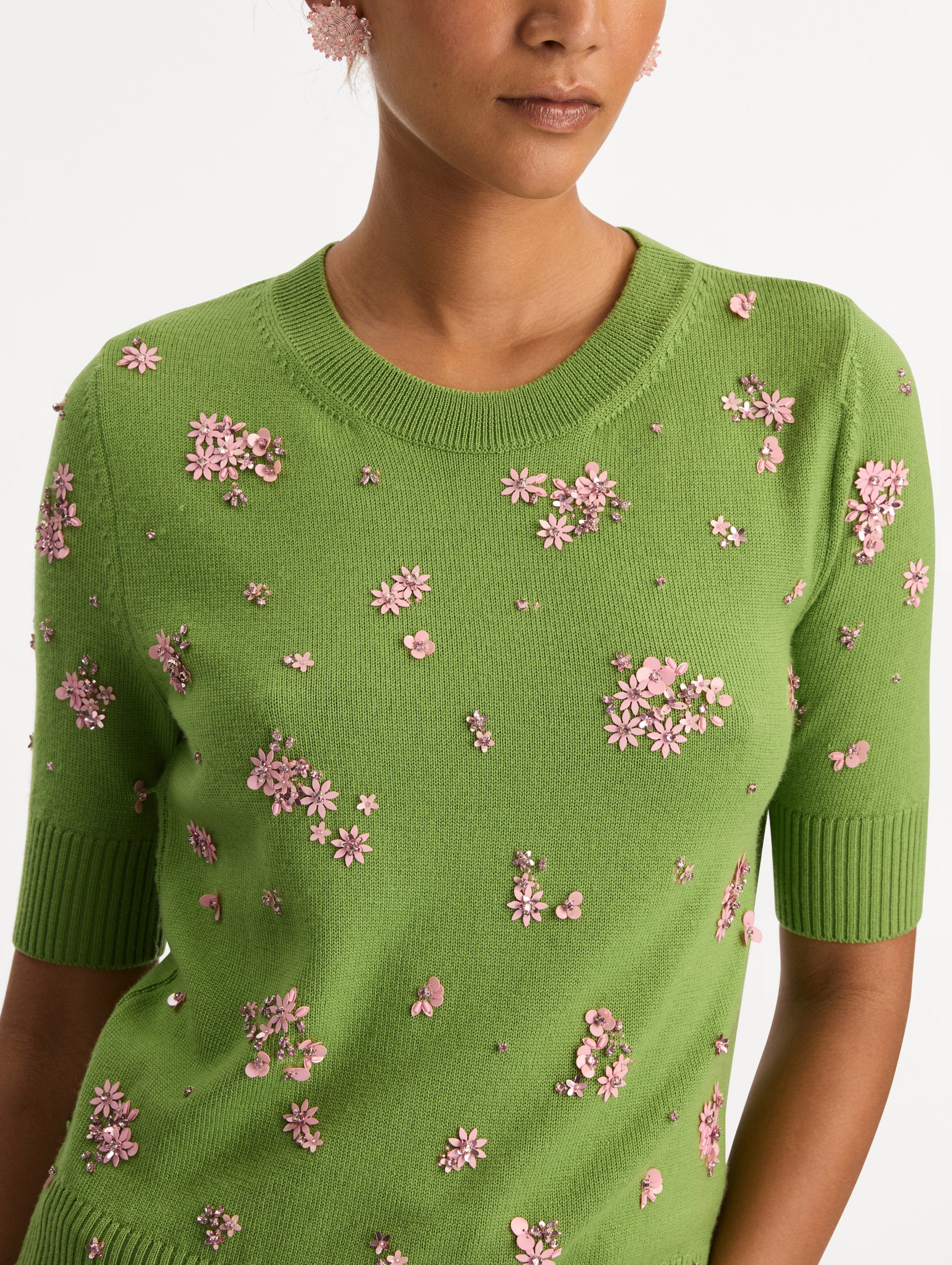Oscar de la Renta Crystal Cluster Embroidered Pullover