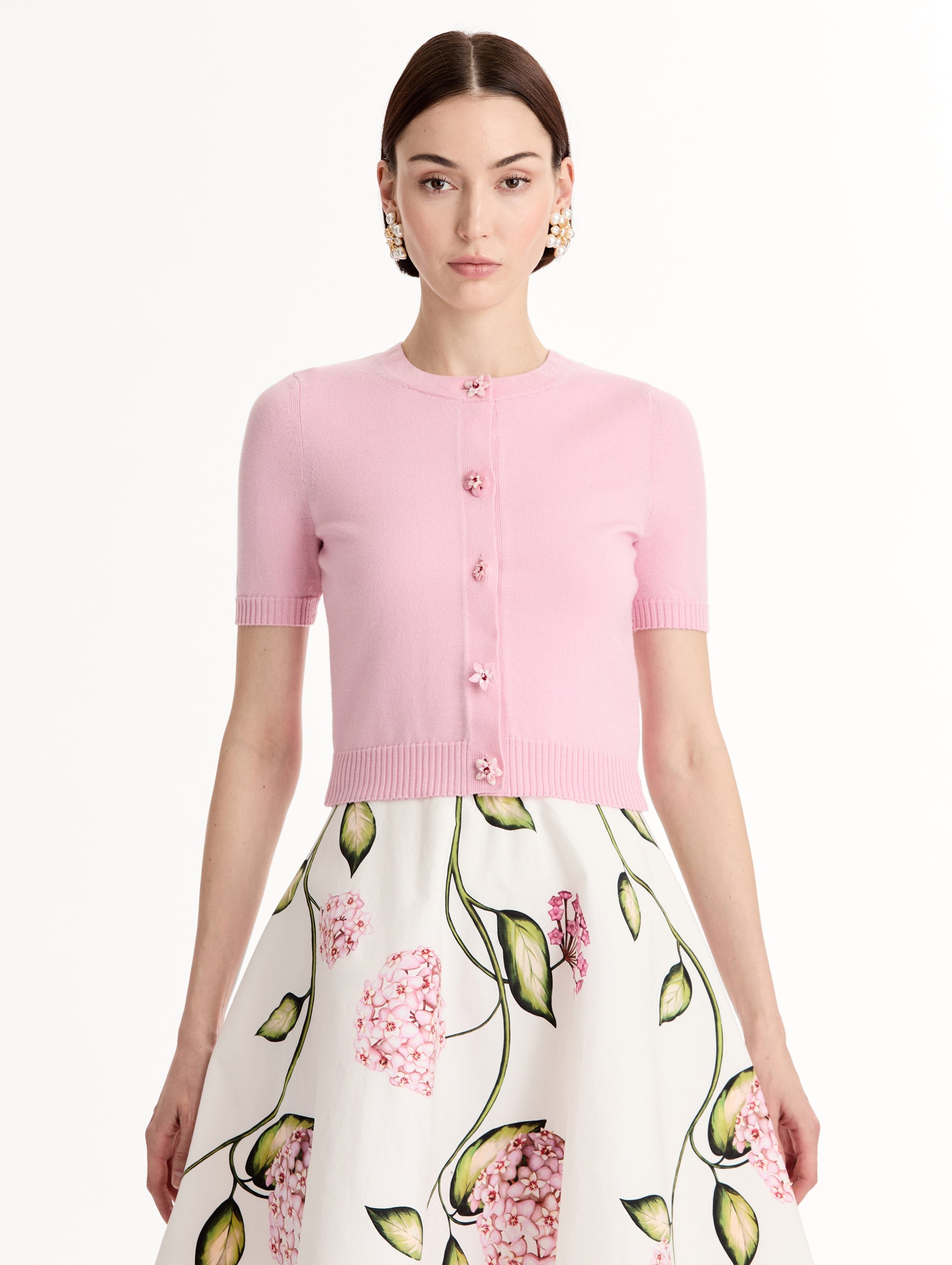 Oscar de la Renta Floral Button Cropped Cardigan