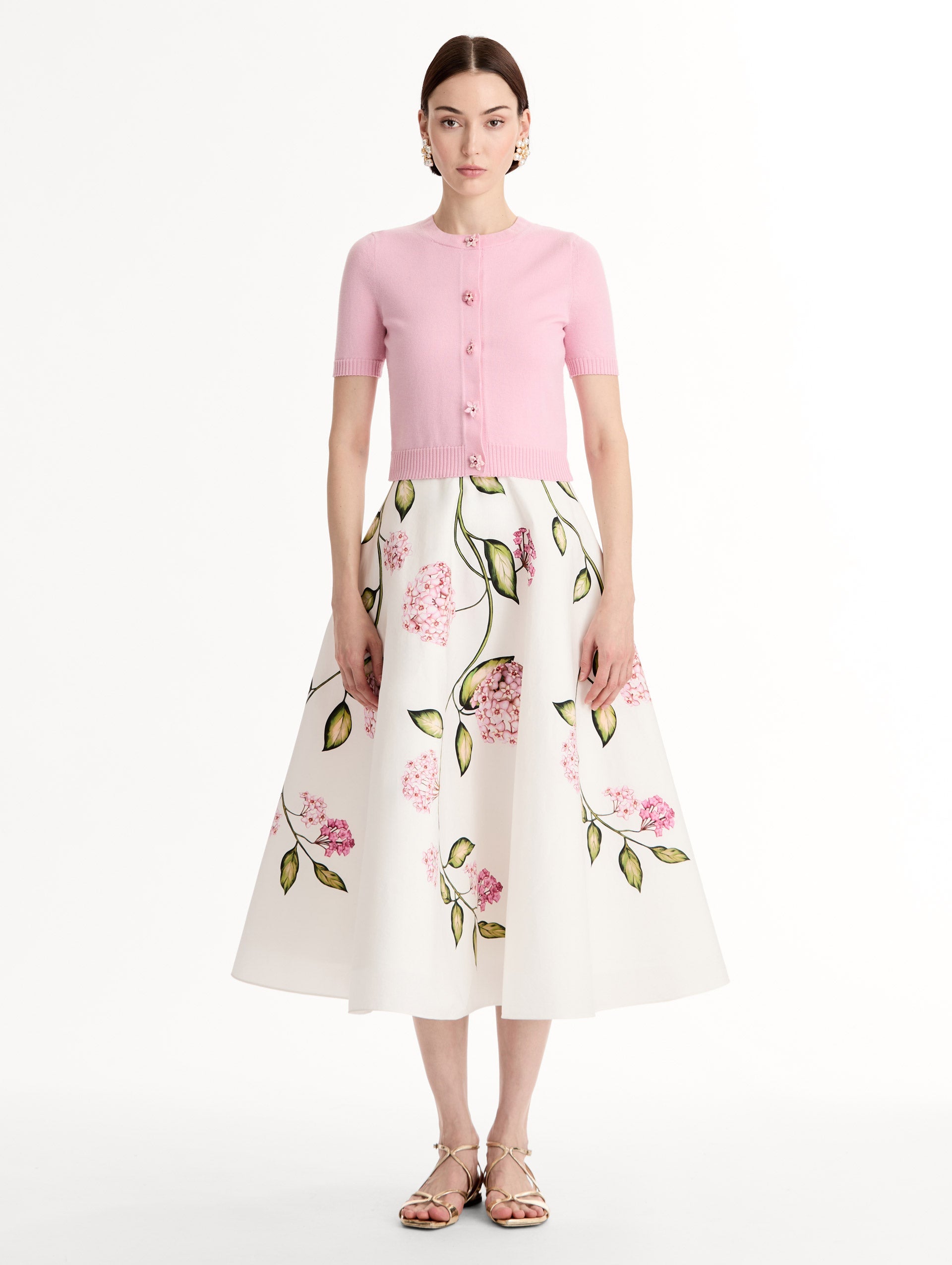 Oscar de la Renta Floral Button Cropped Cardigan