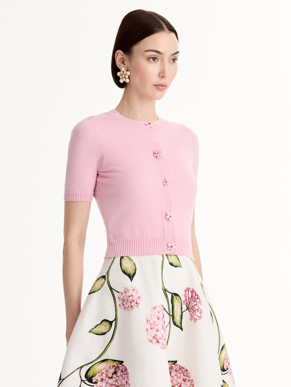 Oscar de la Renta Floral Button Cropped Cardigan