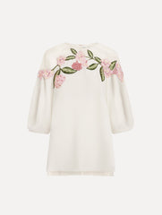 Oscar de la Renta Porcelain Flower Embroidered Illusion Blouse