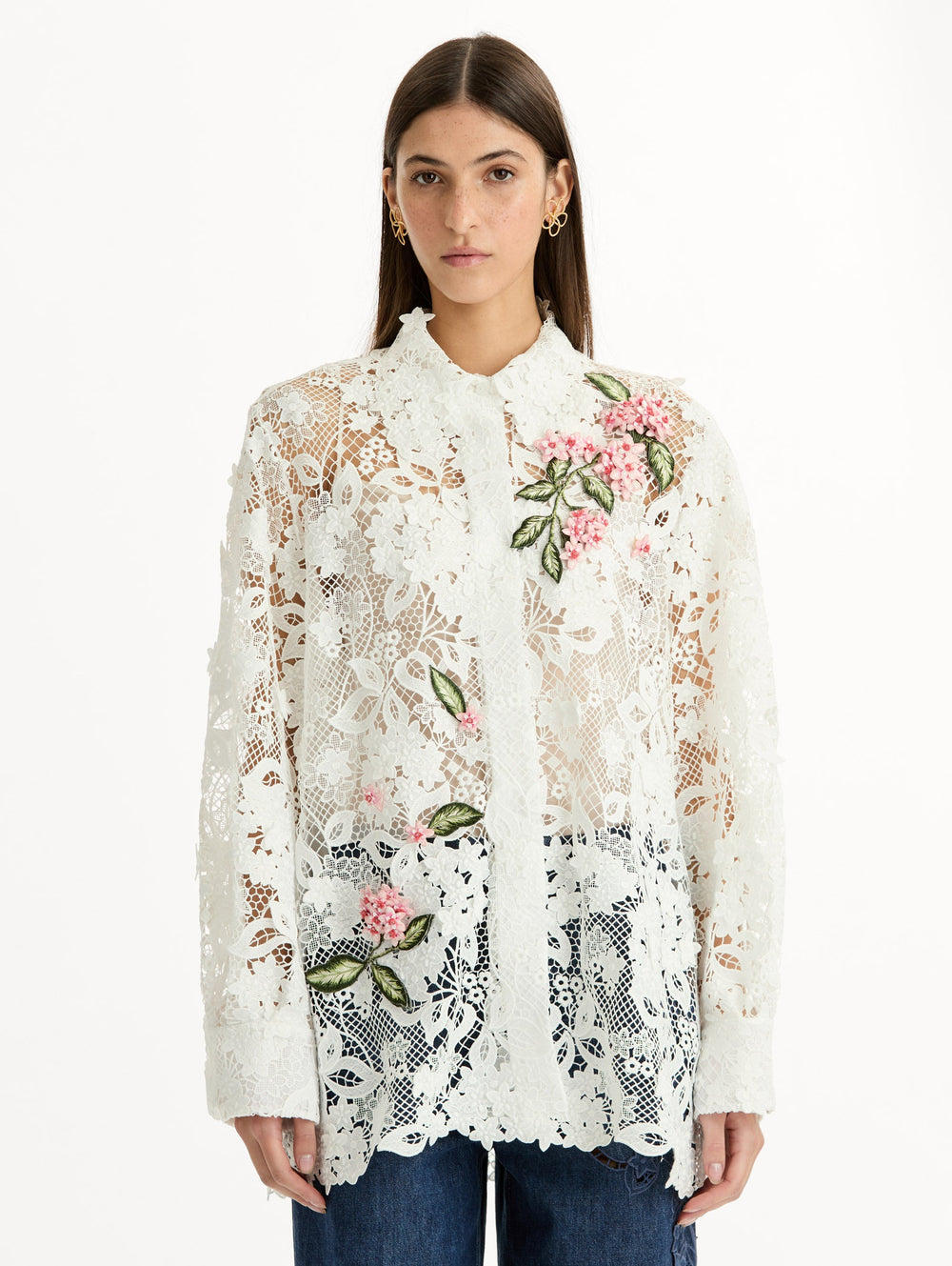 Oscar de la Renta Porcelain Flower Guipure Blouse