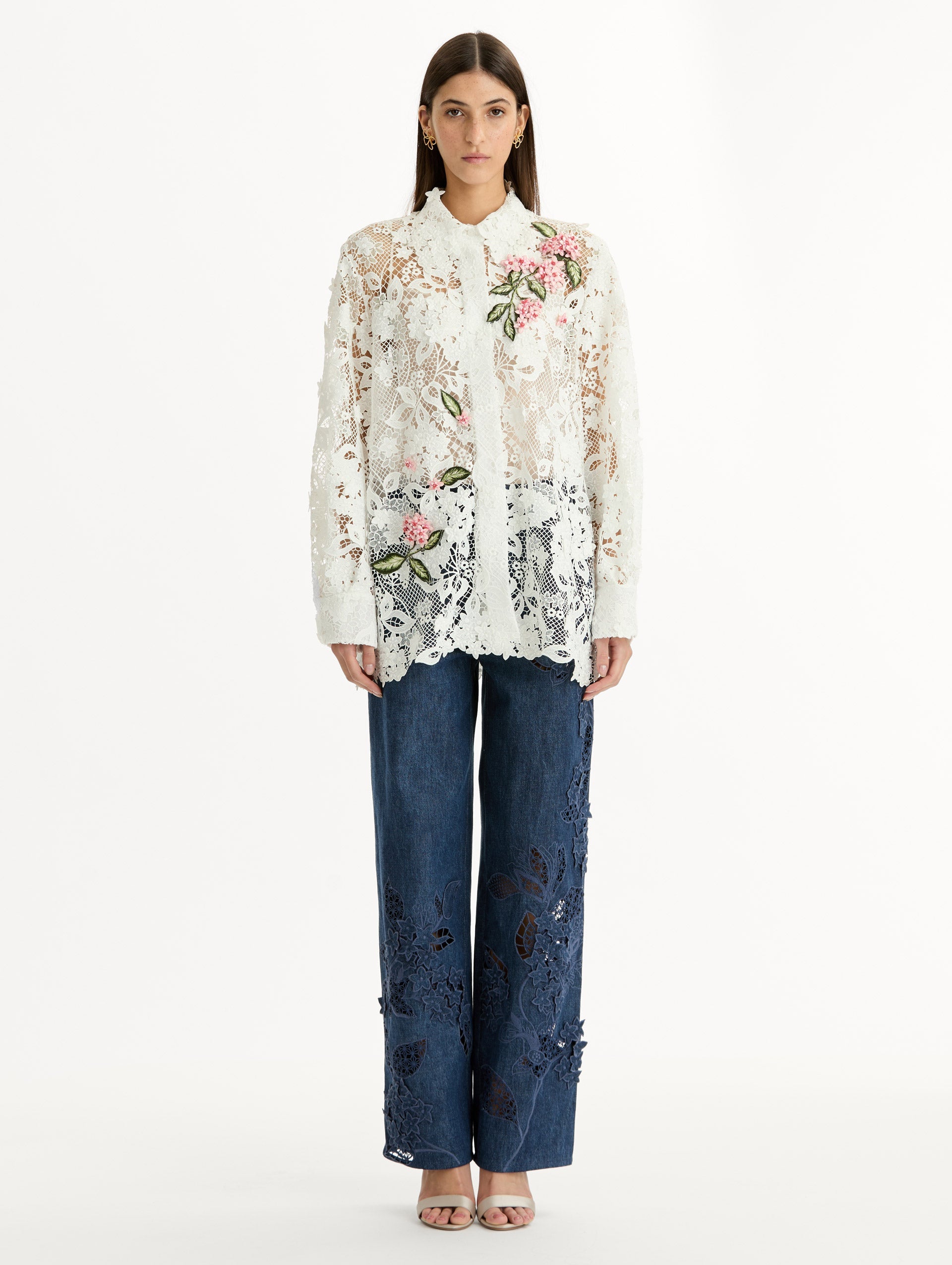 Oscar de la Renta Porcelain Flower Guipure Blouse