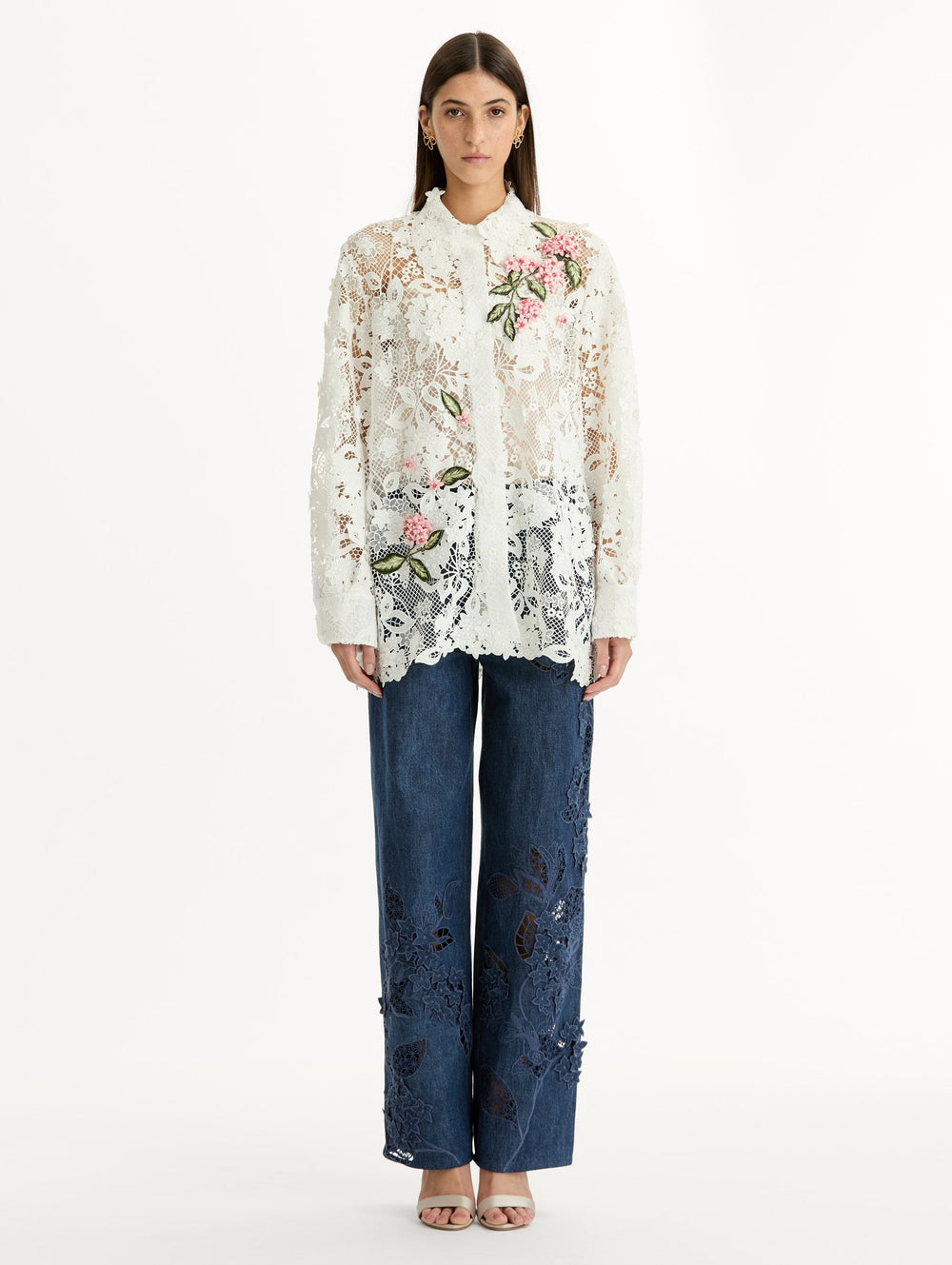 Oscar de la Renta Porcelain Flower Guipure Blouse