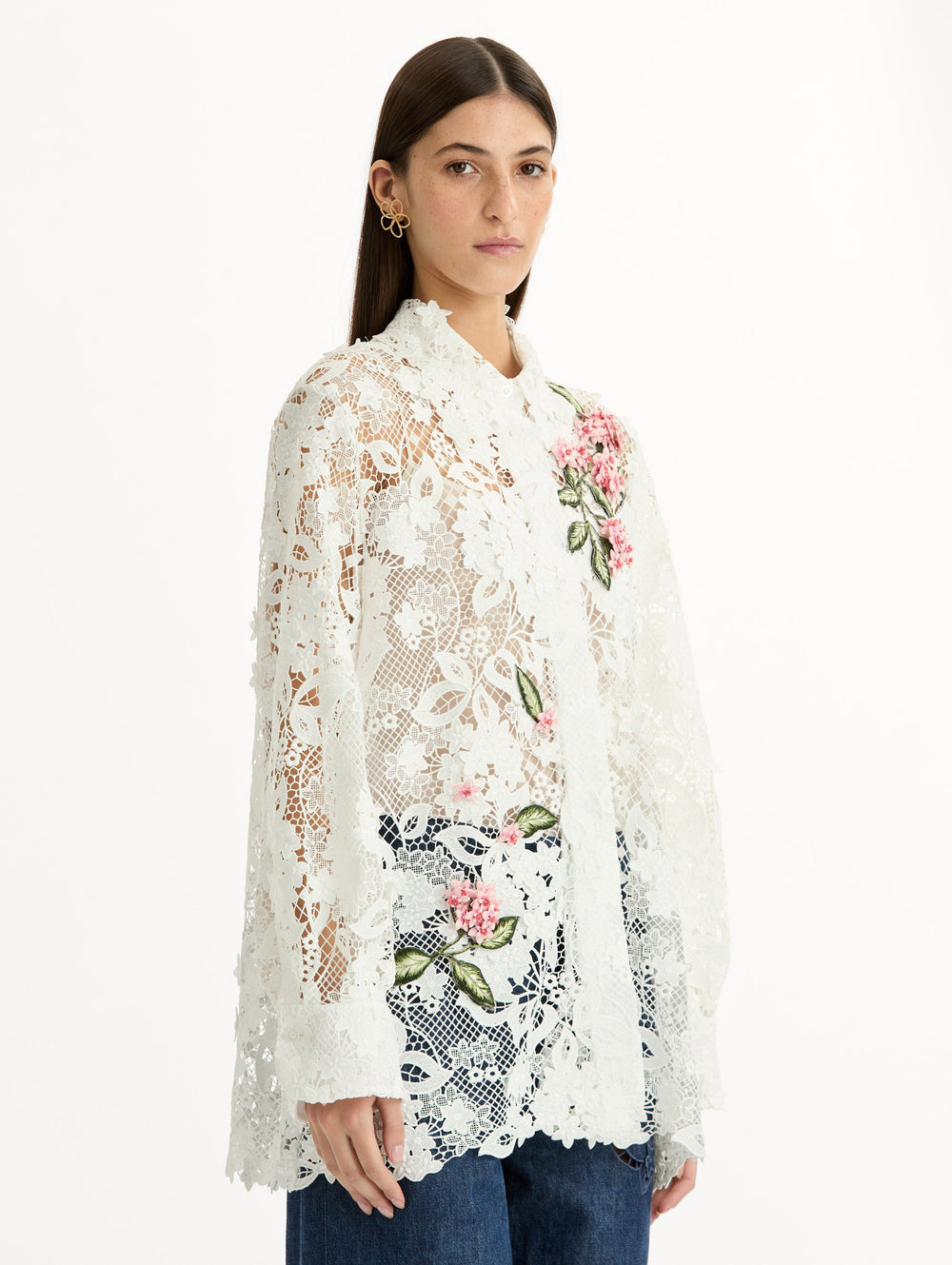 Oscar de la Renta Porcelain Flower Guipure Blouse
