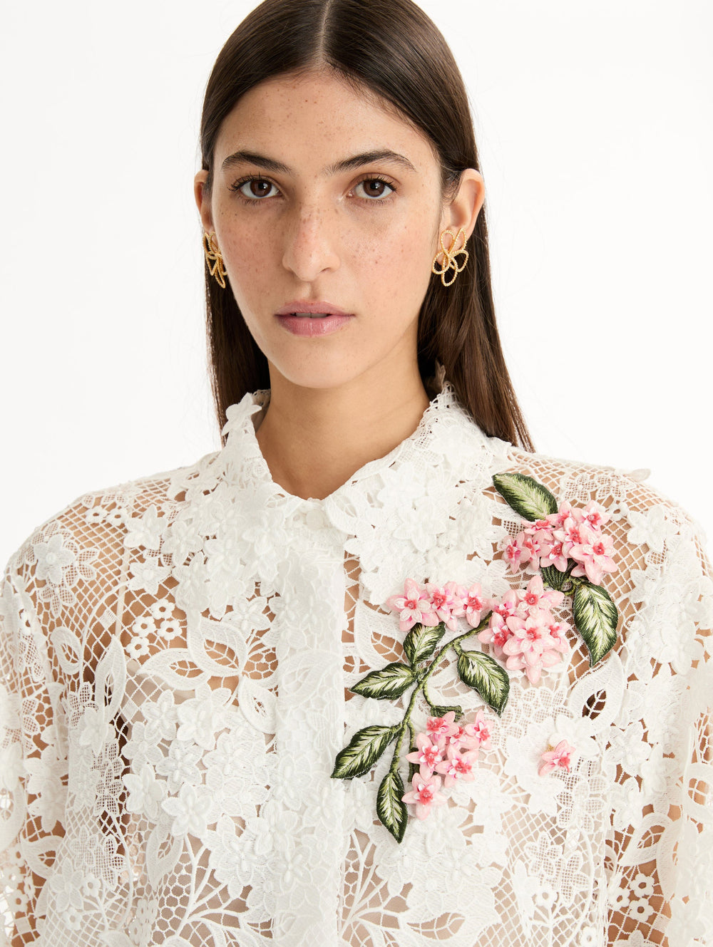 Oscar de la Renta Porcelain Flower Guipure Blouse