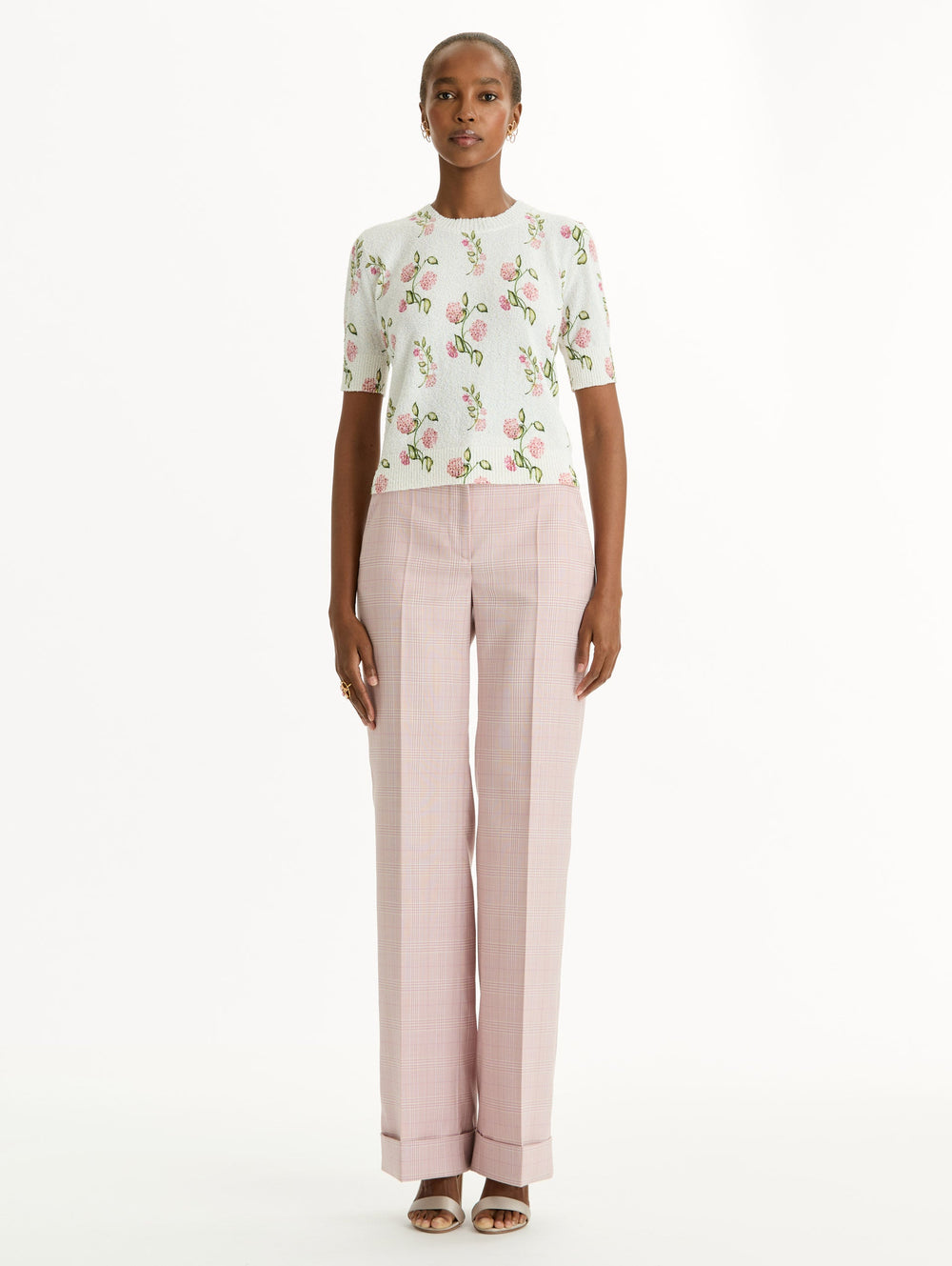 Oscar de la Renta Porcelain Flower-Printed Embroidered Pullover