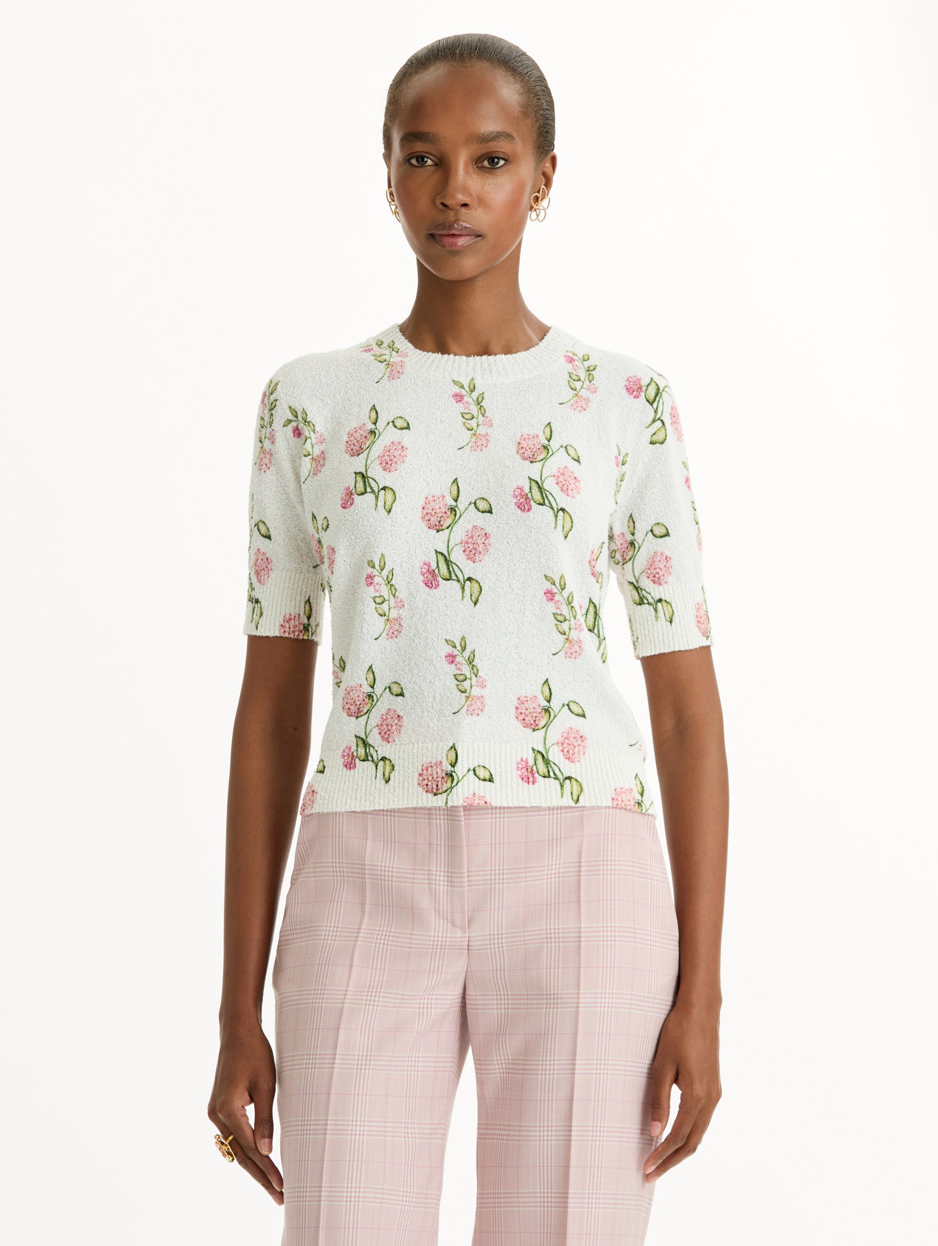 Oscar de la Renta Porcelain Flower-Printed Embroidered Pullover