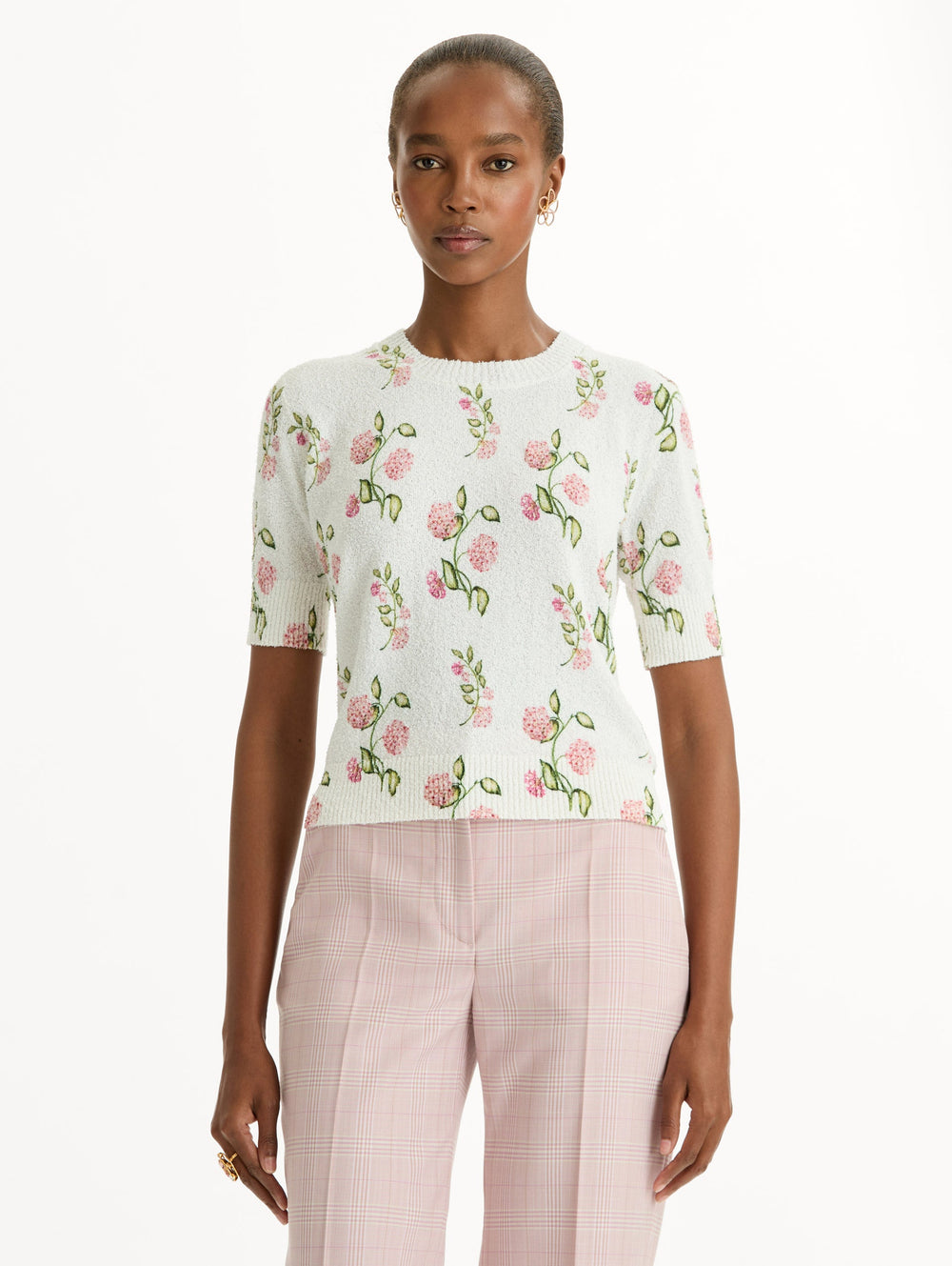 Oscar de la Renta Porcelain Flower-Printed Embroidered Pullover