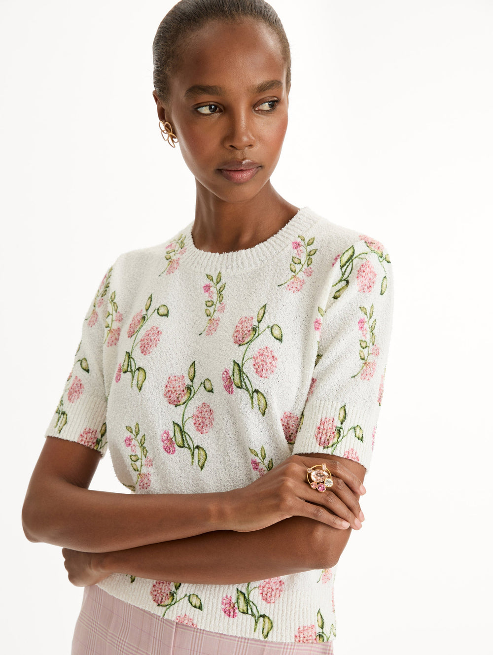 Oscar de la Renta Porcelain Flower-Printed Embroidered Pullover