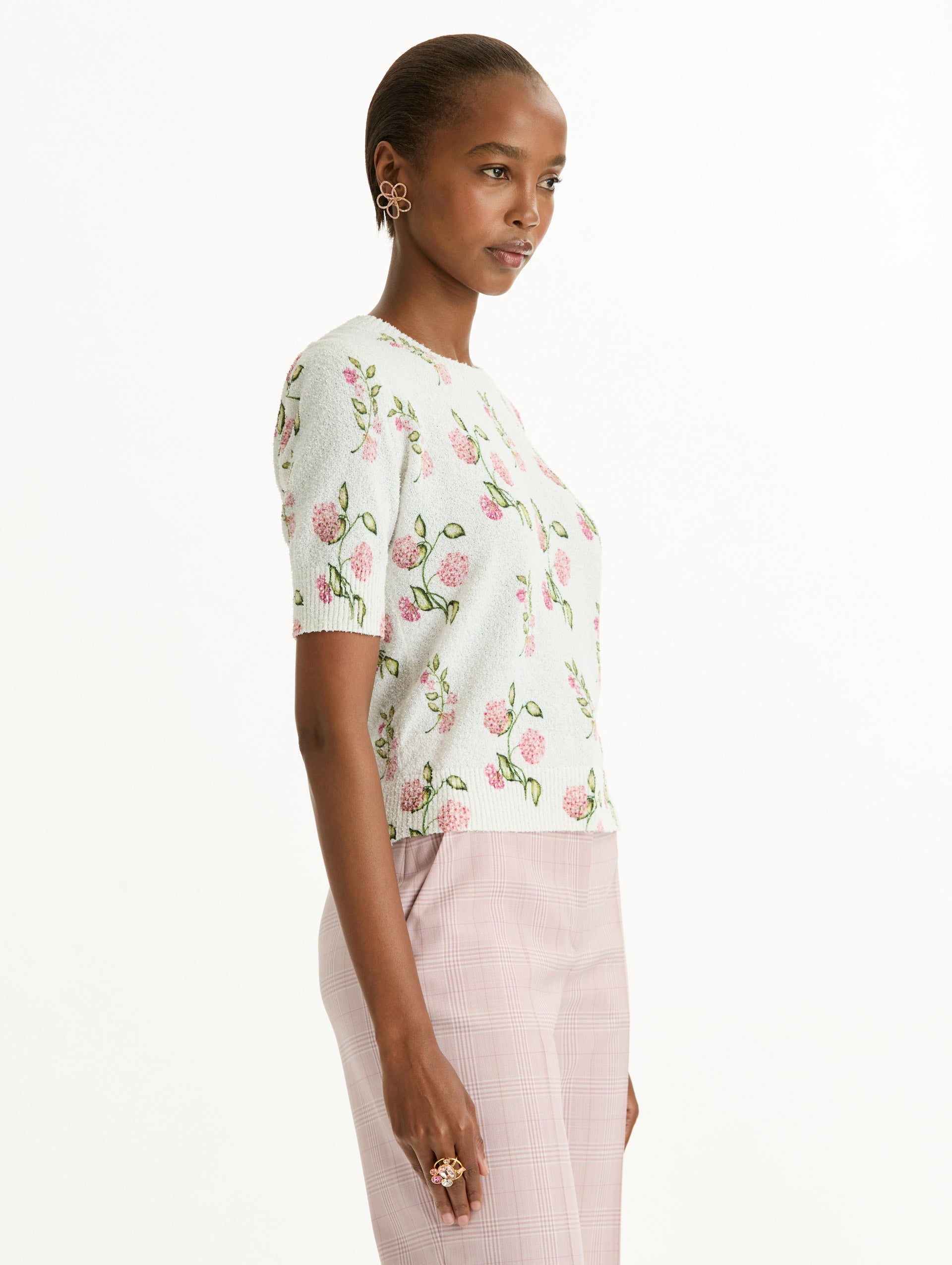 Oscar de la Renta Porcelain Flower-Printed Embroidered Pullover
