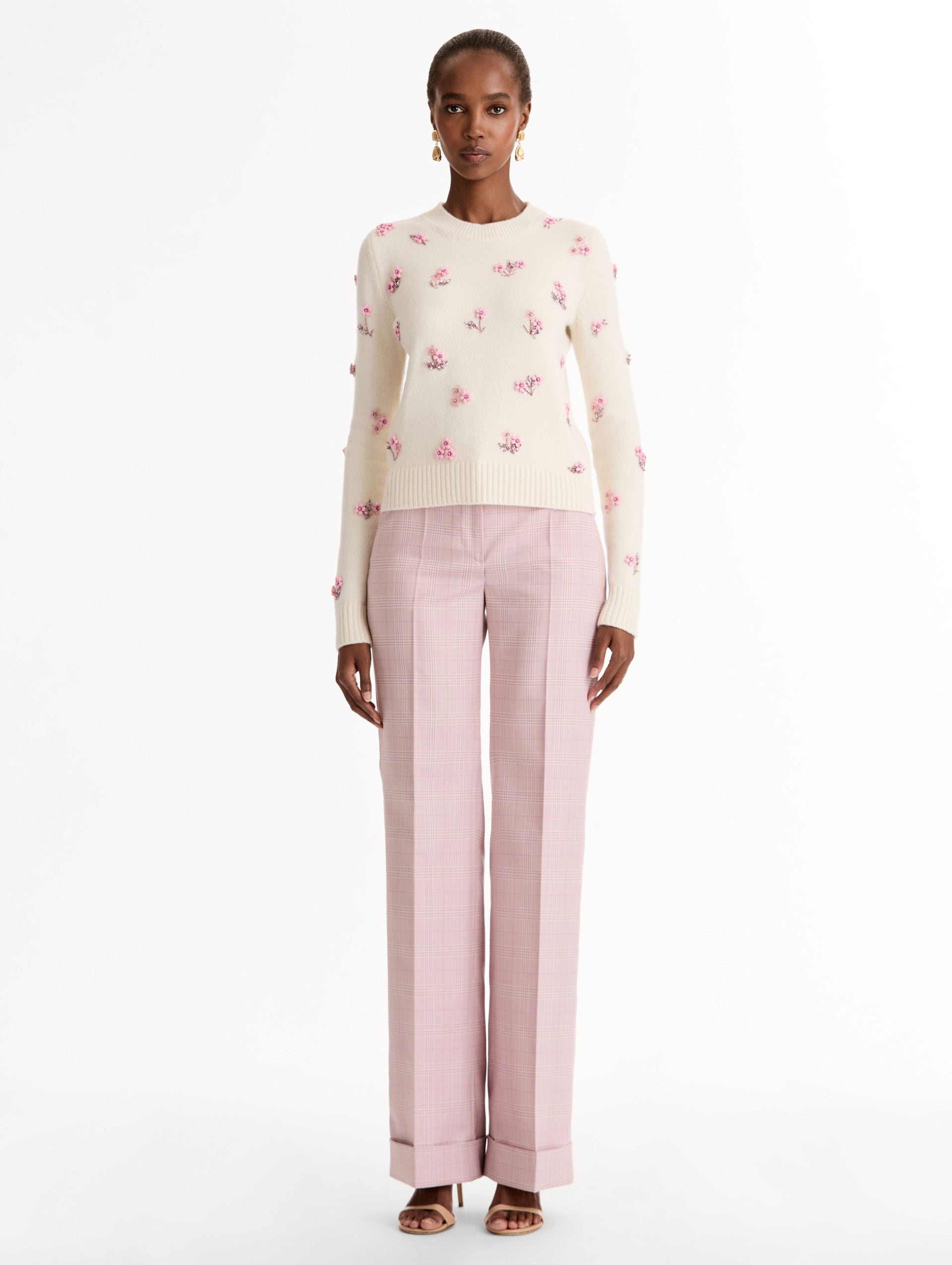 Oscar de la Renta Porcelain Flower Sequin Embroidered Pullover