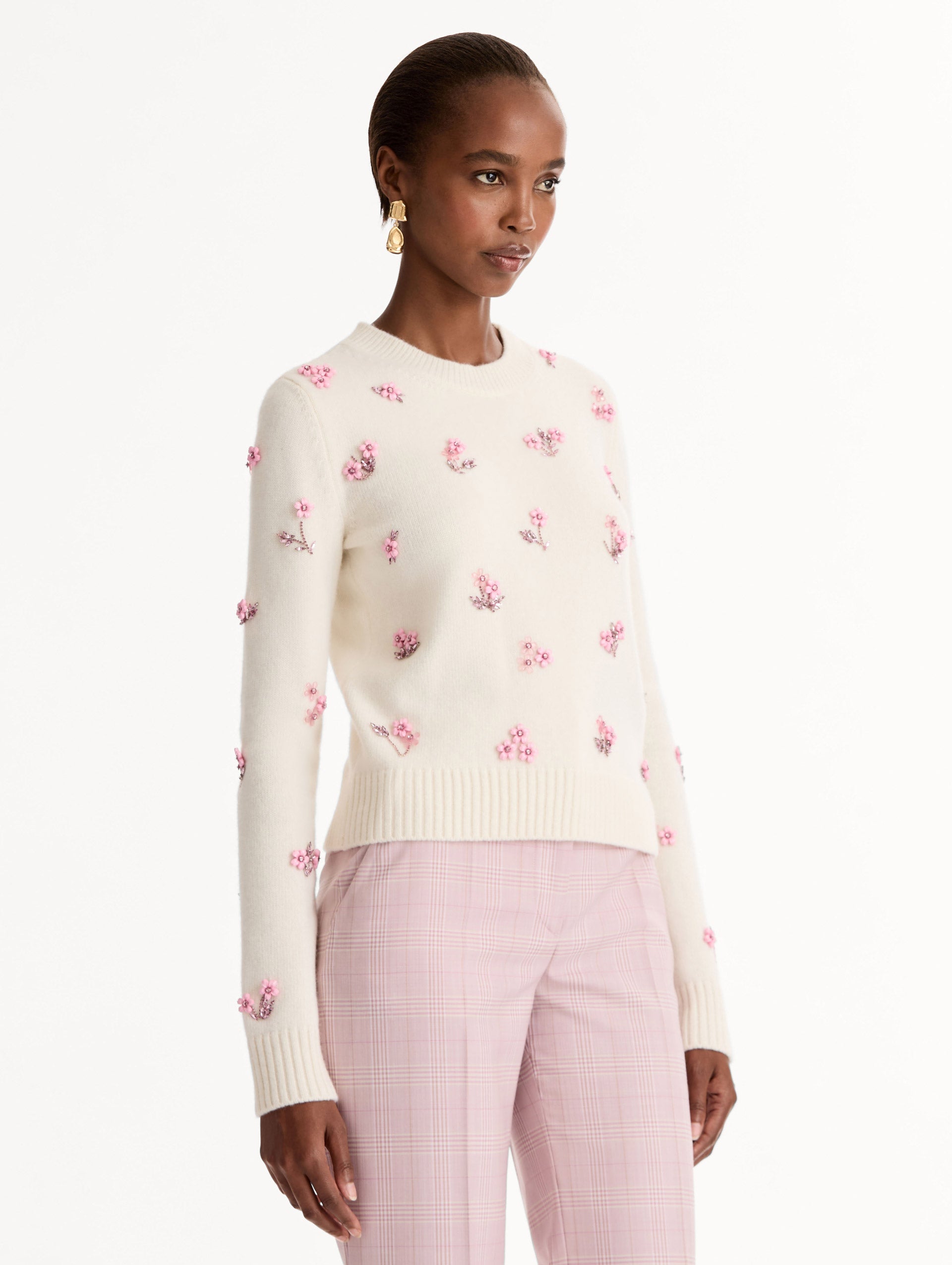 Oscar de la Renta Porcelain Flower Sequin Embroidered Pullover