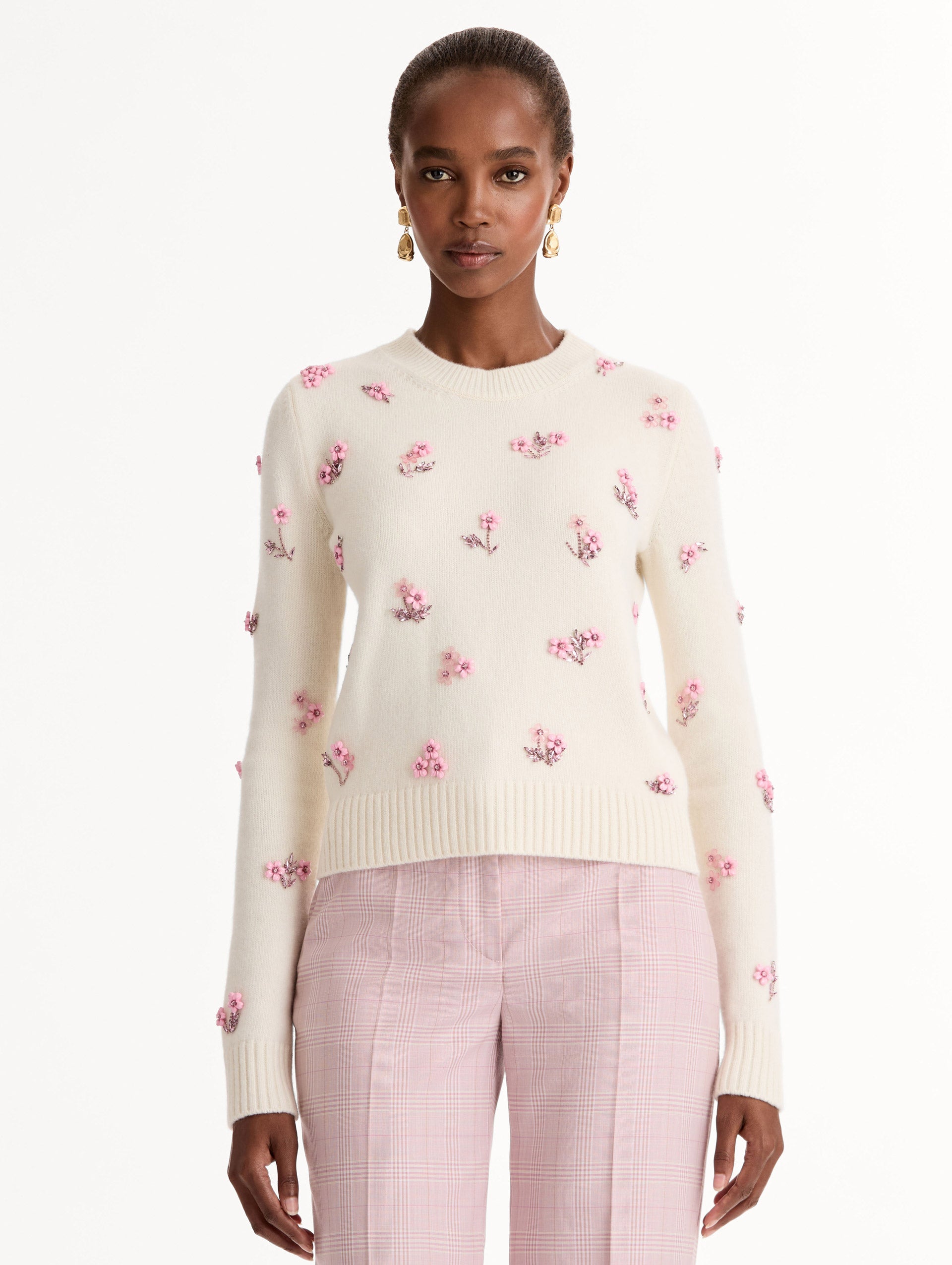 Oscar de la Renta Porcelain Flower Sequin Embroidered Pullover
