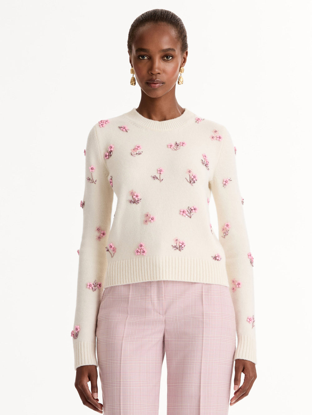 Oscar de la Renta Porcelain Flower Sequin Embroidered Pullover