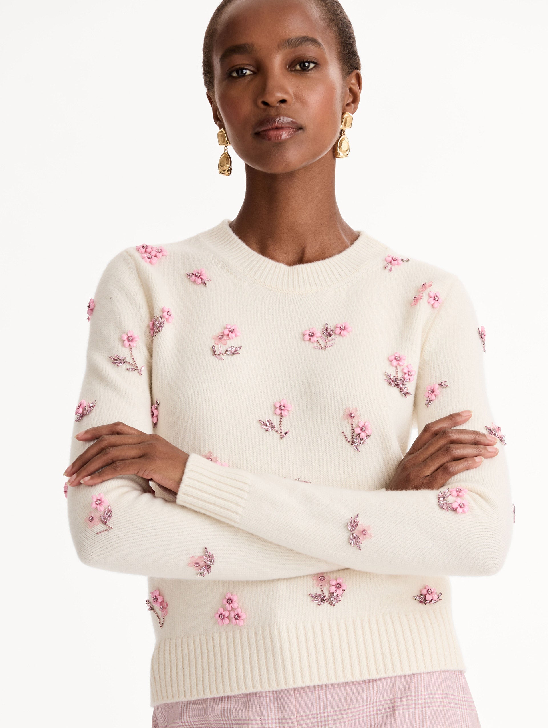 Oscar de la Renta Porcelain Flower Sequin Embroidered Pullover