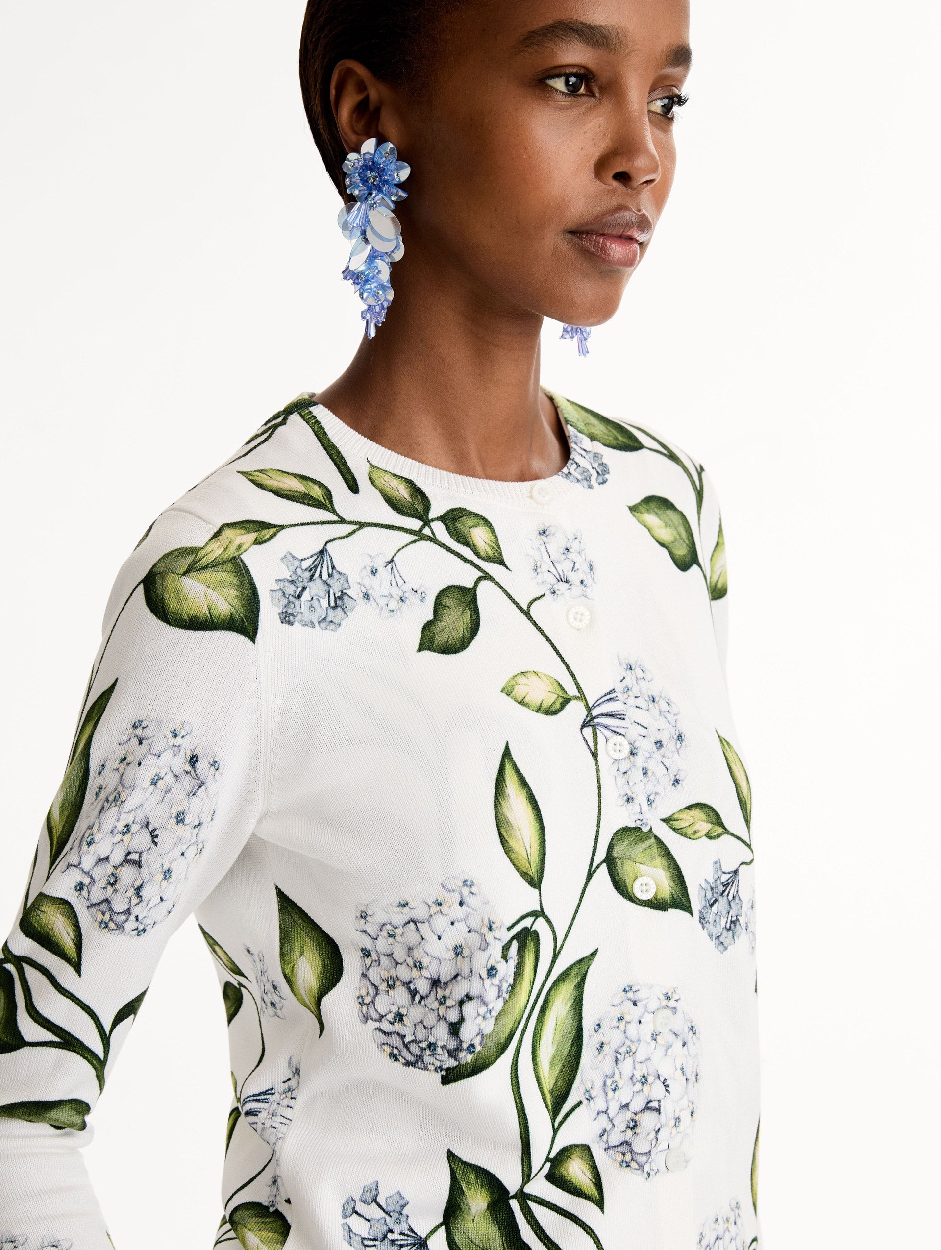 Oscar de la Renta Porcelain Flower-Printed Cardigan