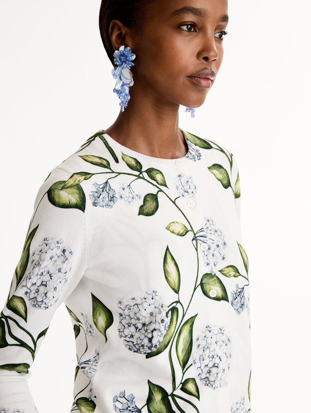 Oscar de la Renta Porcelain Flower-Printed Cardigan