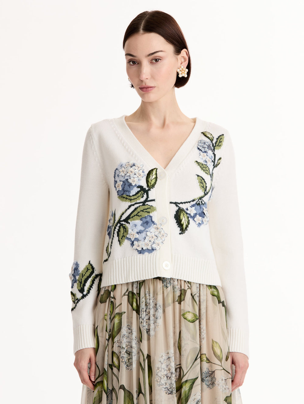 Oscar de la Renta Porcelain Flower Jacquard Cardigan