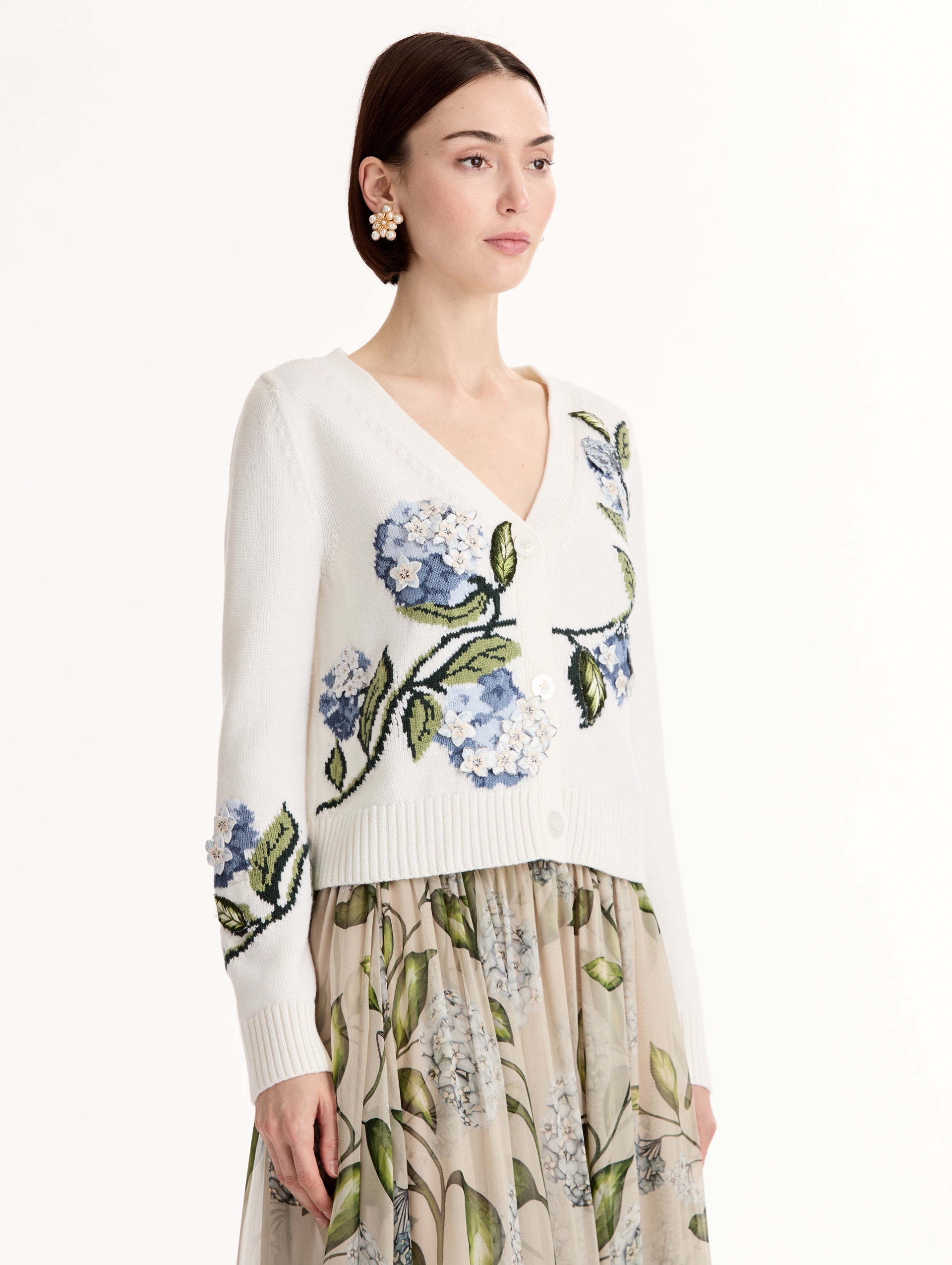 Oscar de la Renta Porcelain Flower Jacquard Cardigan