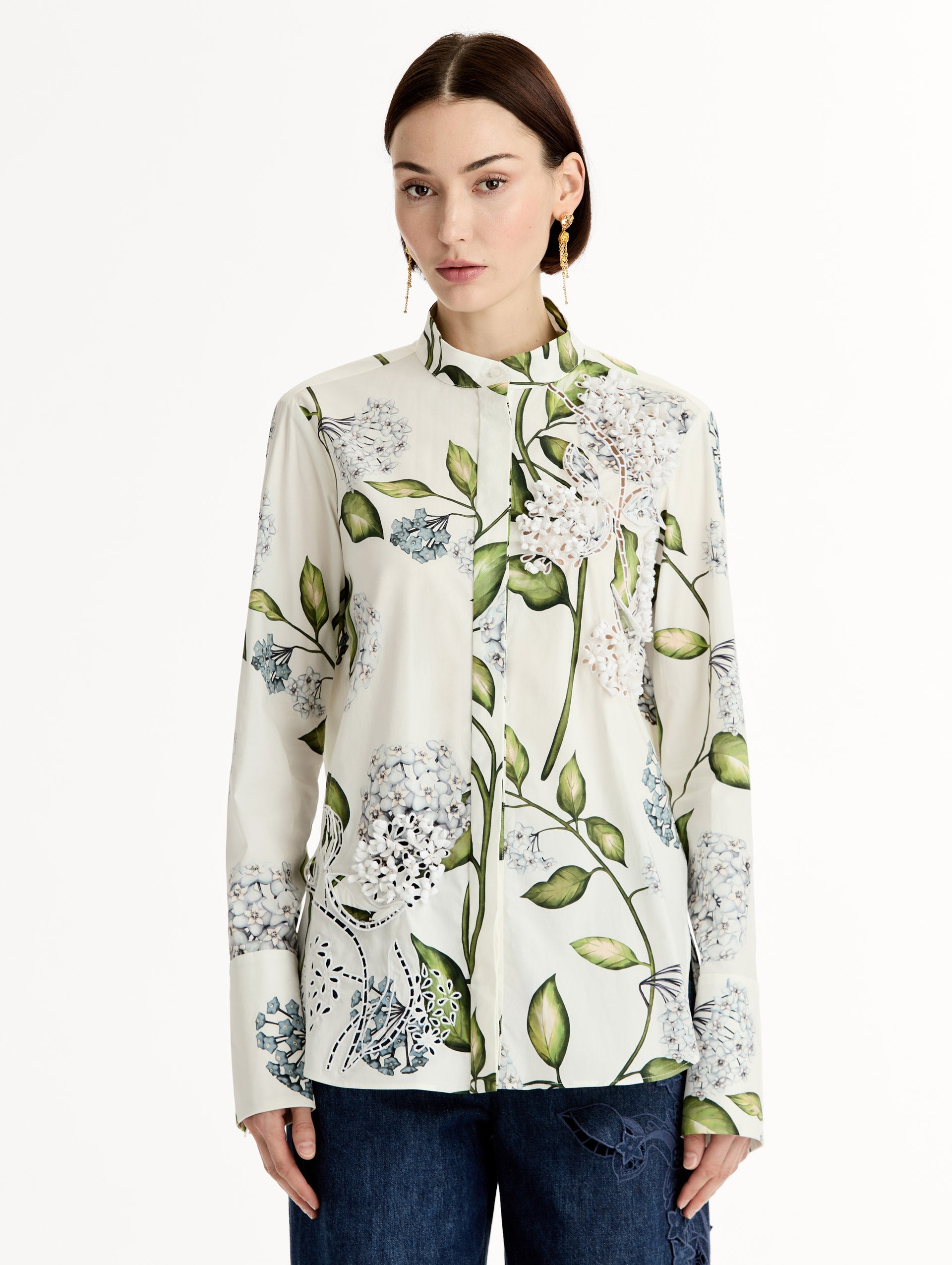 Oscar de la Renta Porcelain Flower Cotton Poplin Blouse