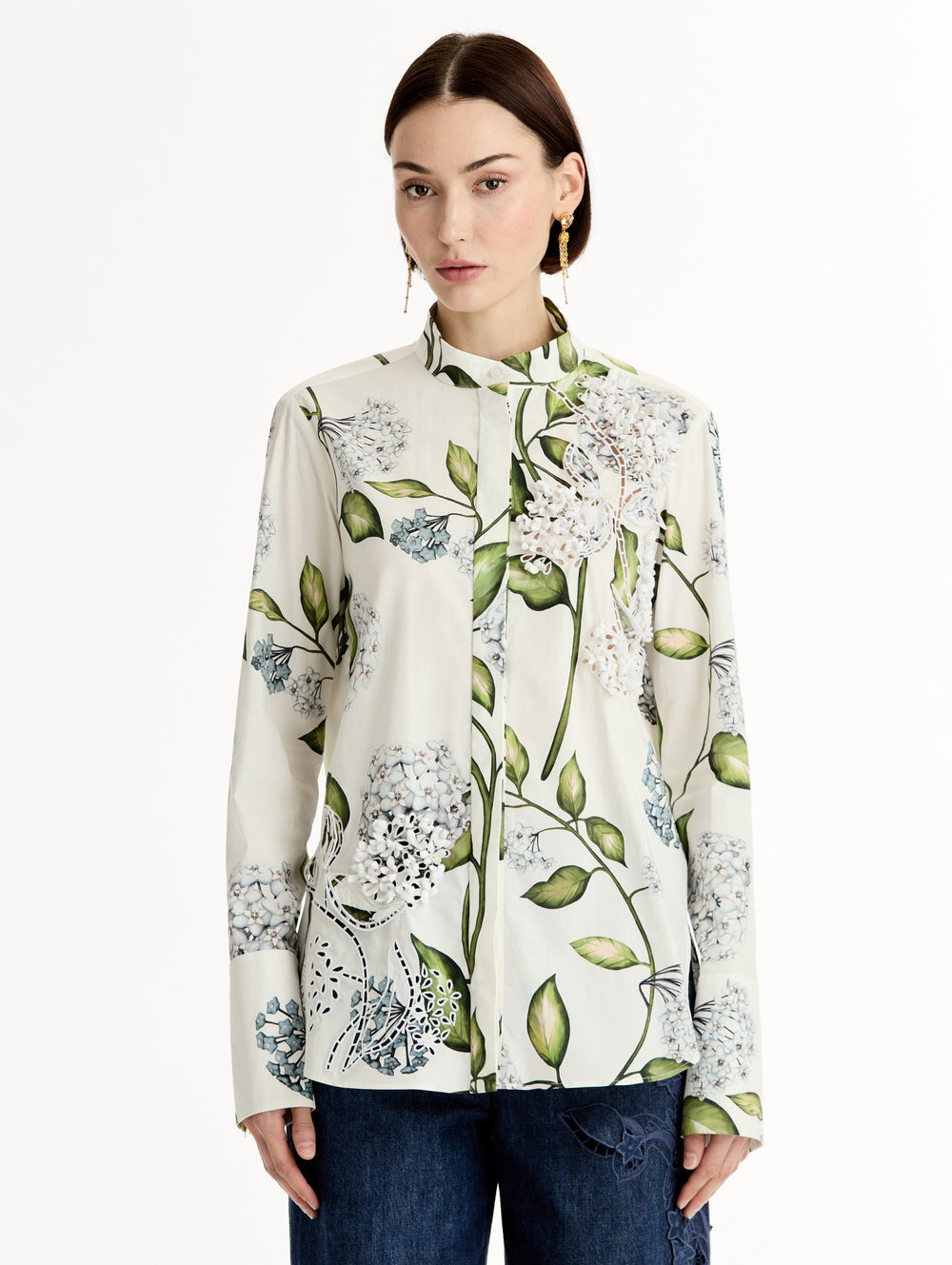 Oscar de la Renta Porcelain Flower Cotton Poplin Blouse